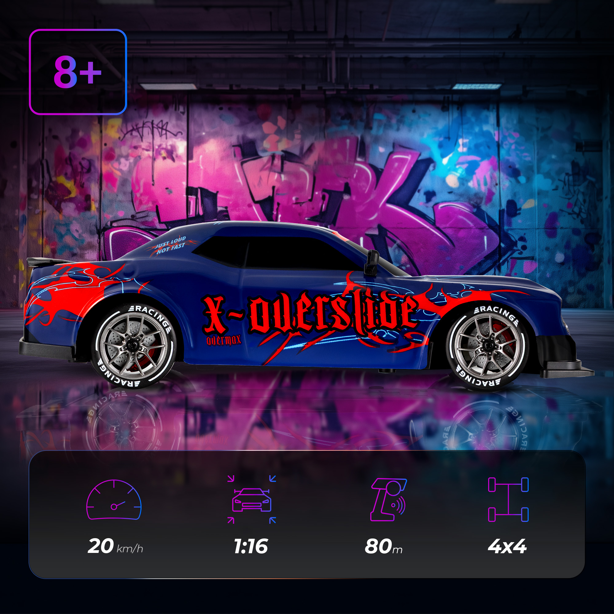 Ein blau-rotes Spielzeugauto mit Graffiti-Hintergrund. Enthält Angaben zu Geschwindigkeit, Maßstab, Reichweite und Antrieb.