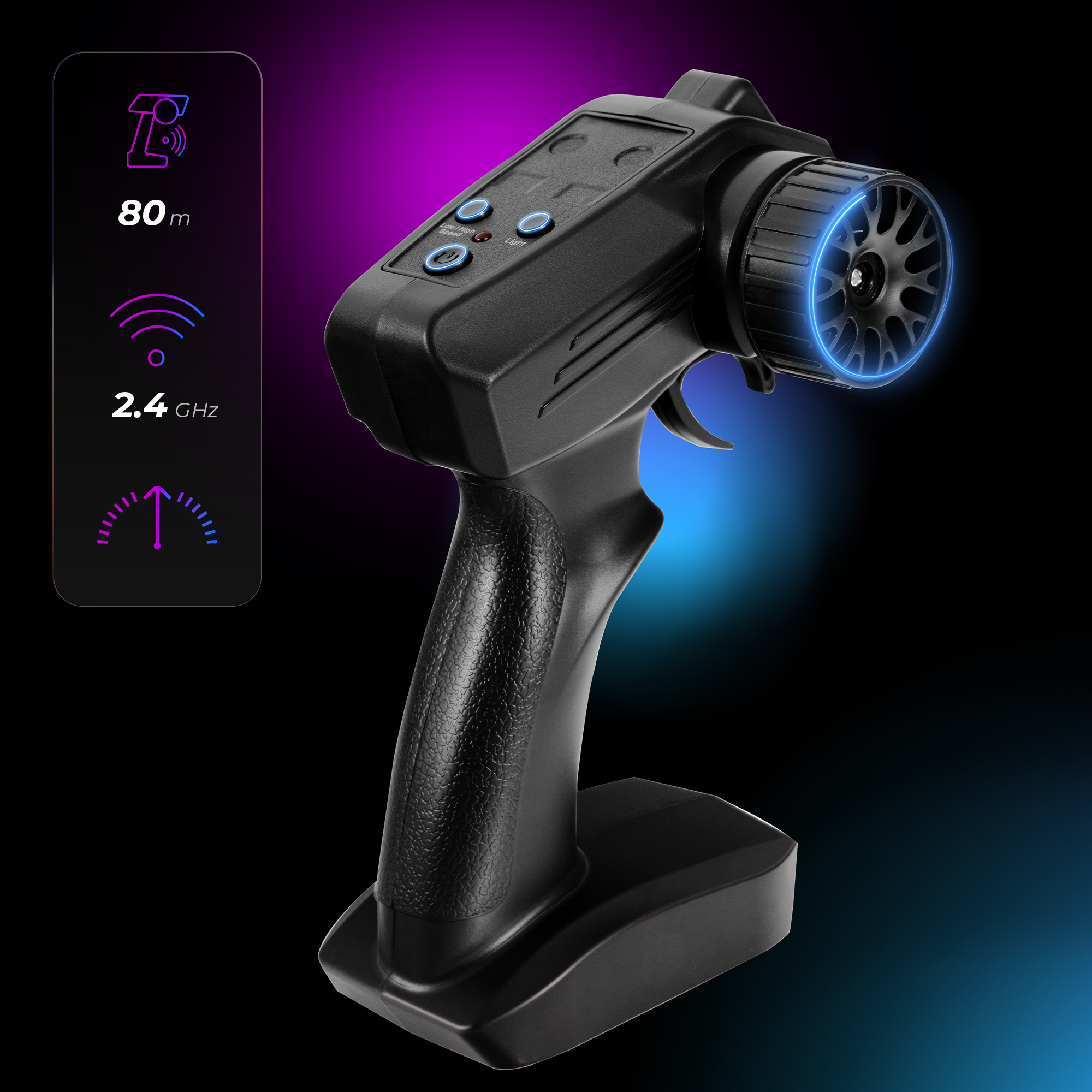 Schwarze RC-Steuerung mit Tasten und einem Rad. Reichweite: 80 m, Frequenz: 2,4 GHz. Blaue Lichtakzente.