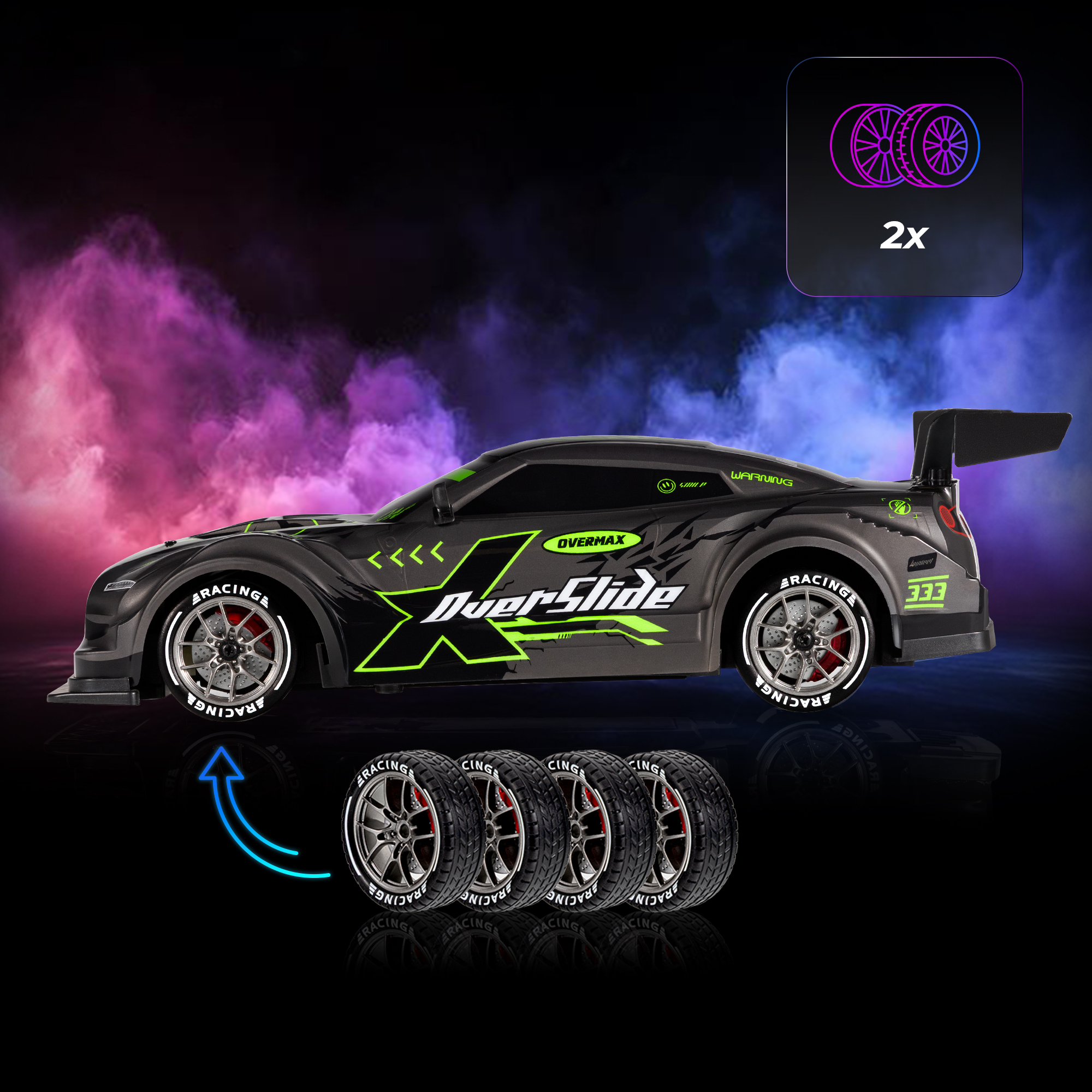 Ein schwarzes Overmax-Rennauto mit neongrünen Akzenten und vier Rädern. Enthält ein Icon von Rädern und Text '2x'.