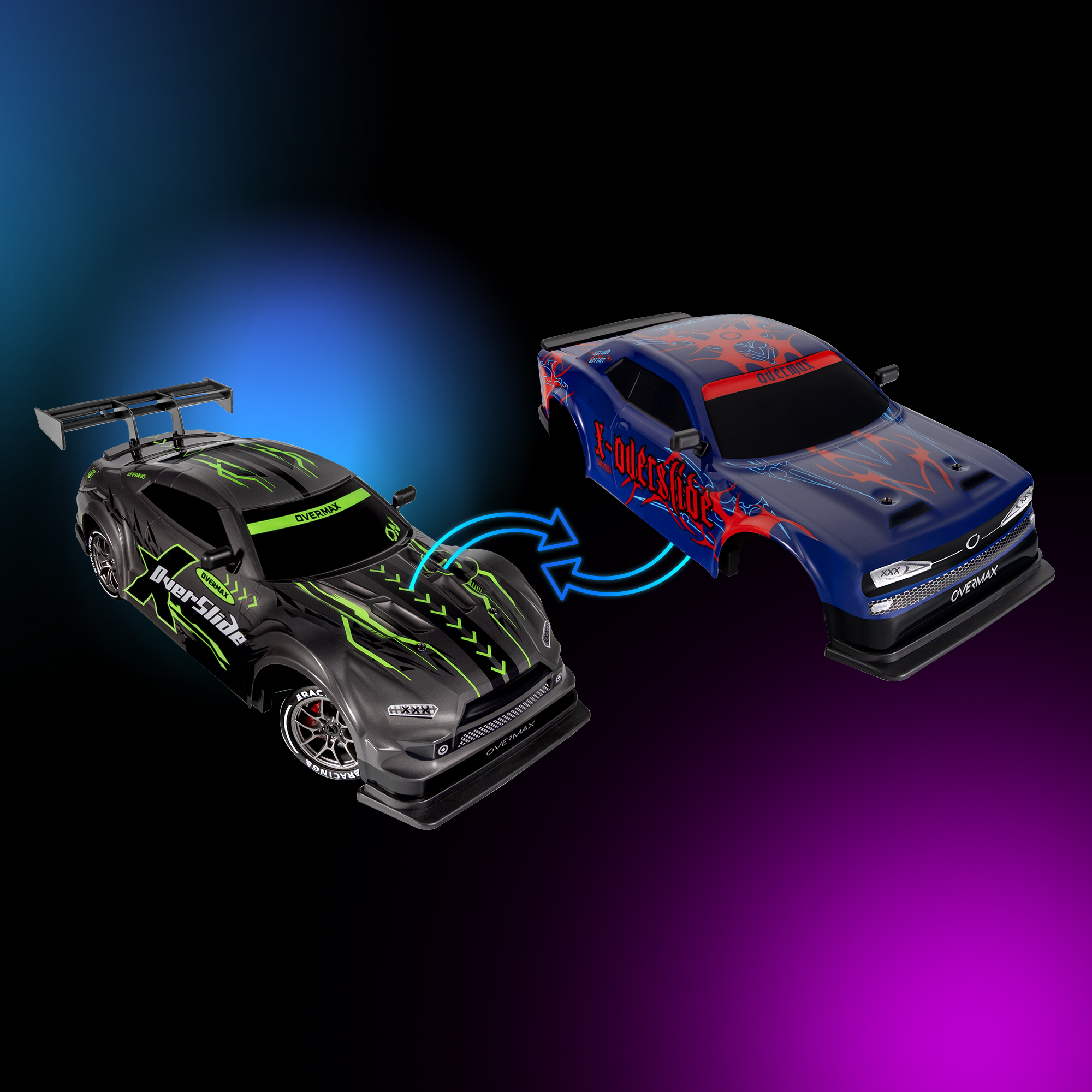 Zwei Spielzeugautos, schwarz und blau, mit Pfeilen dazwischen. Beide Autos haben Logos und Text.