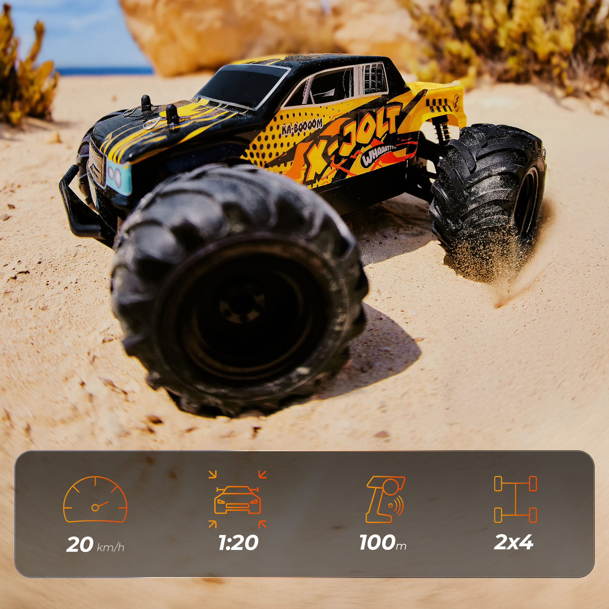 Ein schwarz-gelbes ferngesteuertes Auto auf Sand. Es ist ein Monstertruck mit Details wie 20 km/h, 1:20 und 100 m Reichweite.