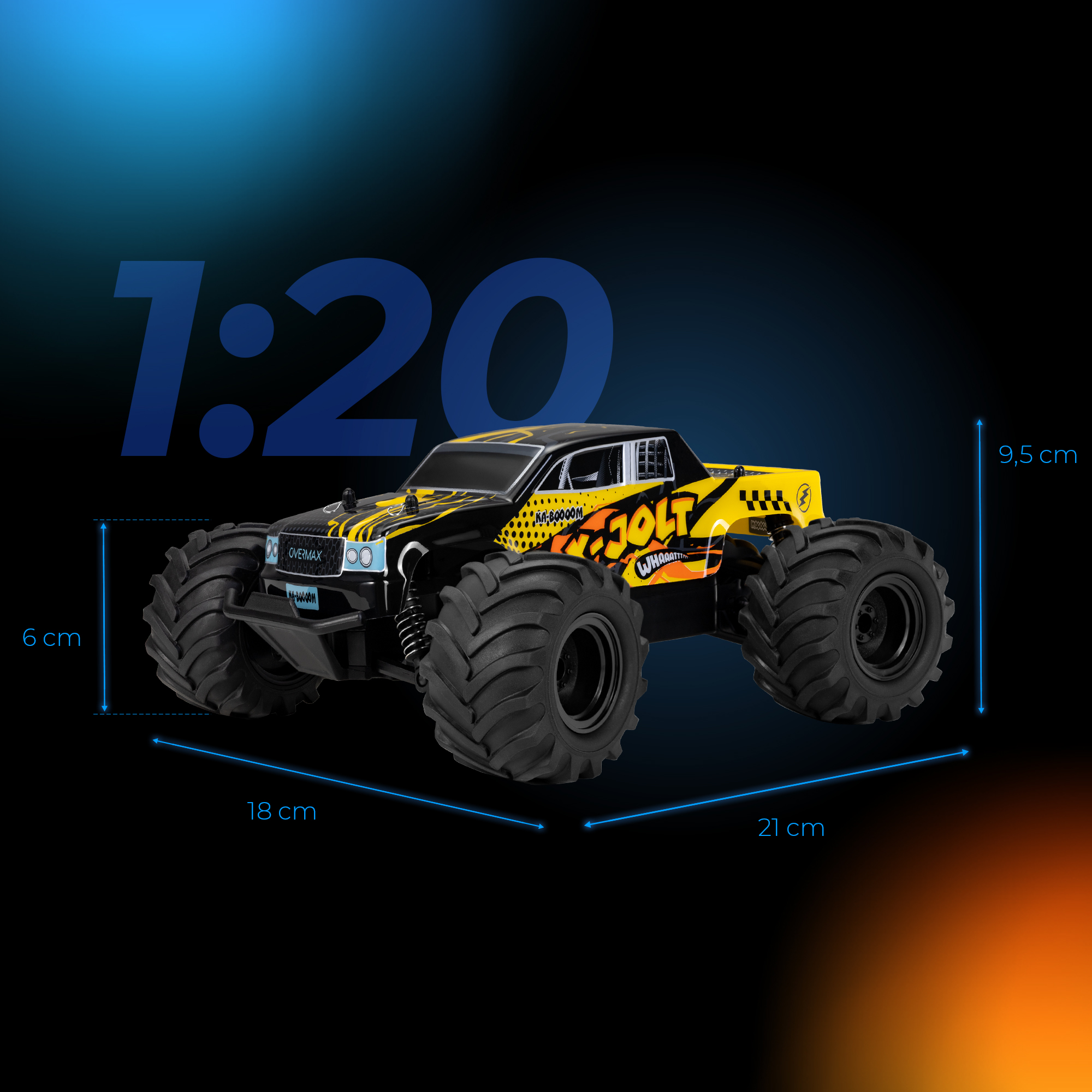 Ein gelb-schwarzer Spielzeug-Monstertruck mit großen Reifen. Abmessungen: 6 cm, 18 cm, 21 cm, 9,5 cm. Das Verhältnis ist 1:20.