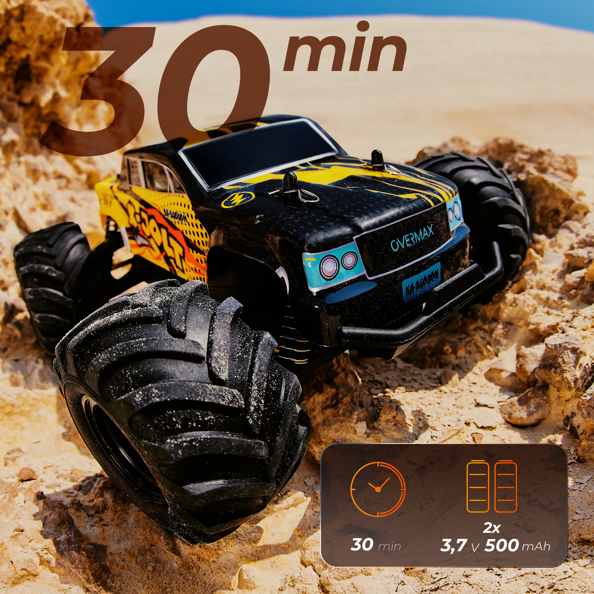 Ein schwarz-gelbes Monstertruck-Spielzeug auf sandigem Untergrund. Der Text zeigt 30 Min. und Batteriespezifikationen.