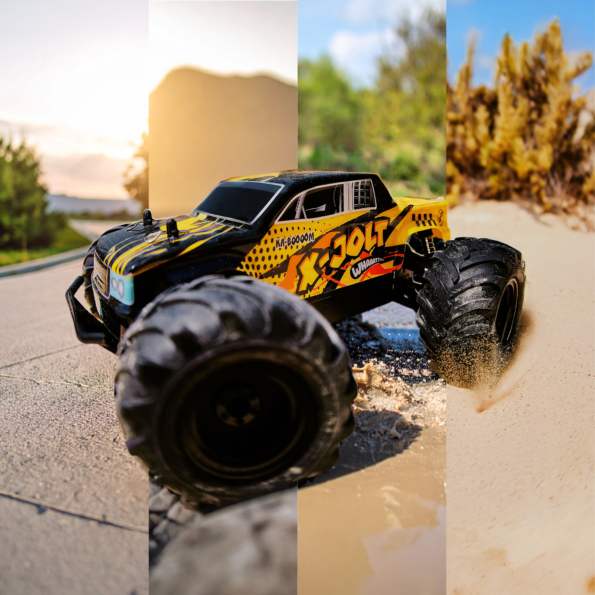 Ein gelb-schwarzes Spielzeug-Monstertruck steht auf einer Straße und Sand, mit Wasserspritzern und fliegendem Sand.