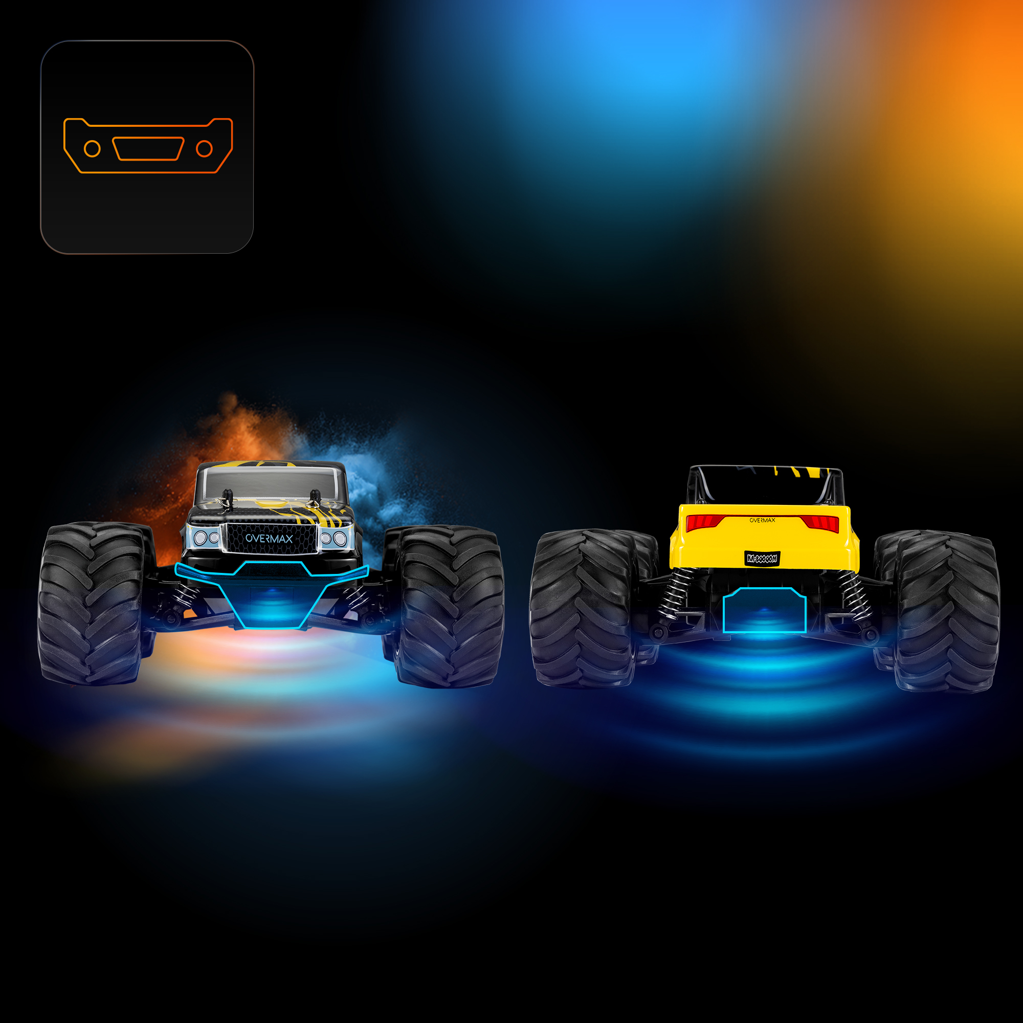 Zwei Monstertrucks, einer vorne, einer hinten, mit blauem und orangefarbenem Leuchten. Schwarzer Hintergrund mit einem Symbol oben links.