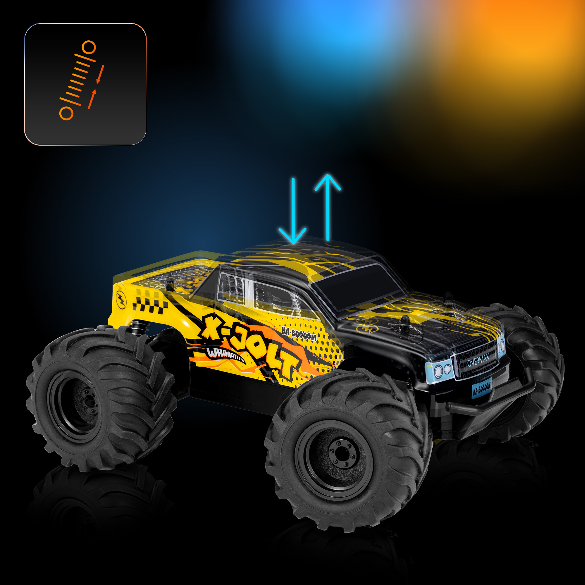 RC-Auto mit schwarzen Rädern und gelbem Karosserie. Das Auto steht vor einem schwarzen Hintergrund mit blauer und oranger Beleuchtung.