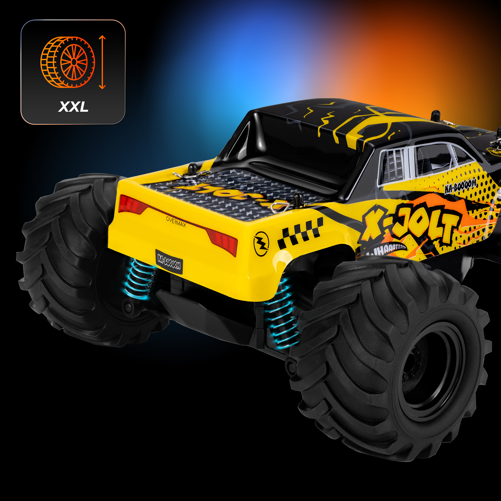 Ein gelber und schwarzer X-Jolt-Monstertruck mit XXL-Reifen. Blaue Federn sind sichtbar.