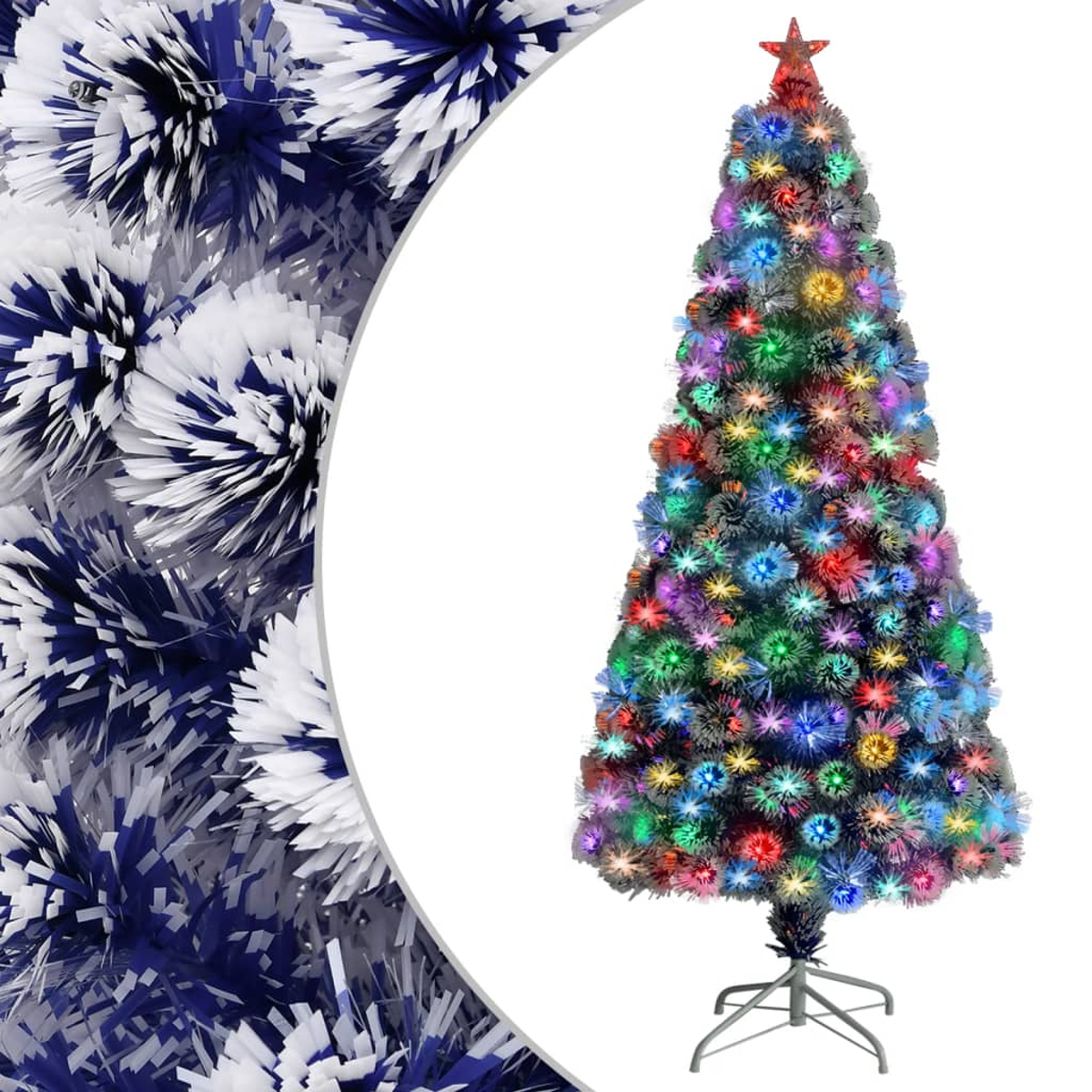 Ein geschmückter Weihnachtsbaum mit bunten Lichtern und einem Stern oben. Links sind blaue und weiße Dekorationen.