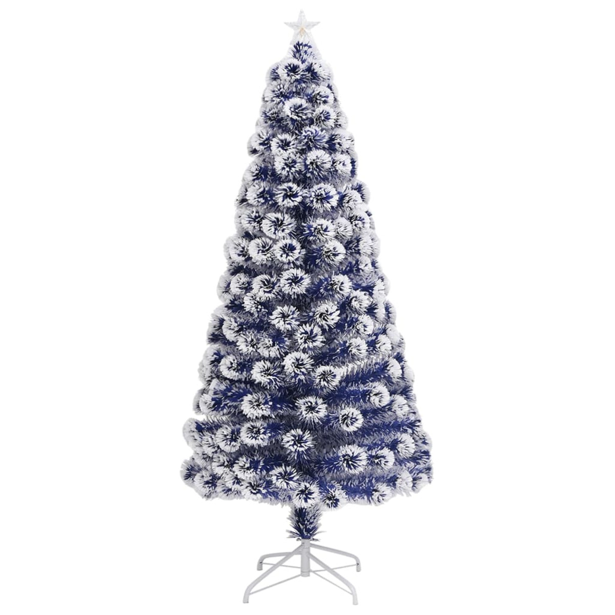 Ein blau-weißer Weihnachtsbaum steht auf einem weißen Ständer. Er hat einen Stern auf der Spitze. Der Hintergrund ist weiß.
