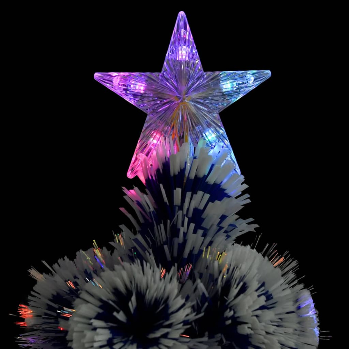 Ein sternförmiger Weihnachtsbaumaufsatz mit weißen und blauen sowie rosa und blauen Lichtern. Der Hintergrund ist schwarz.