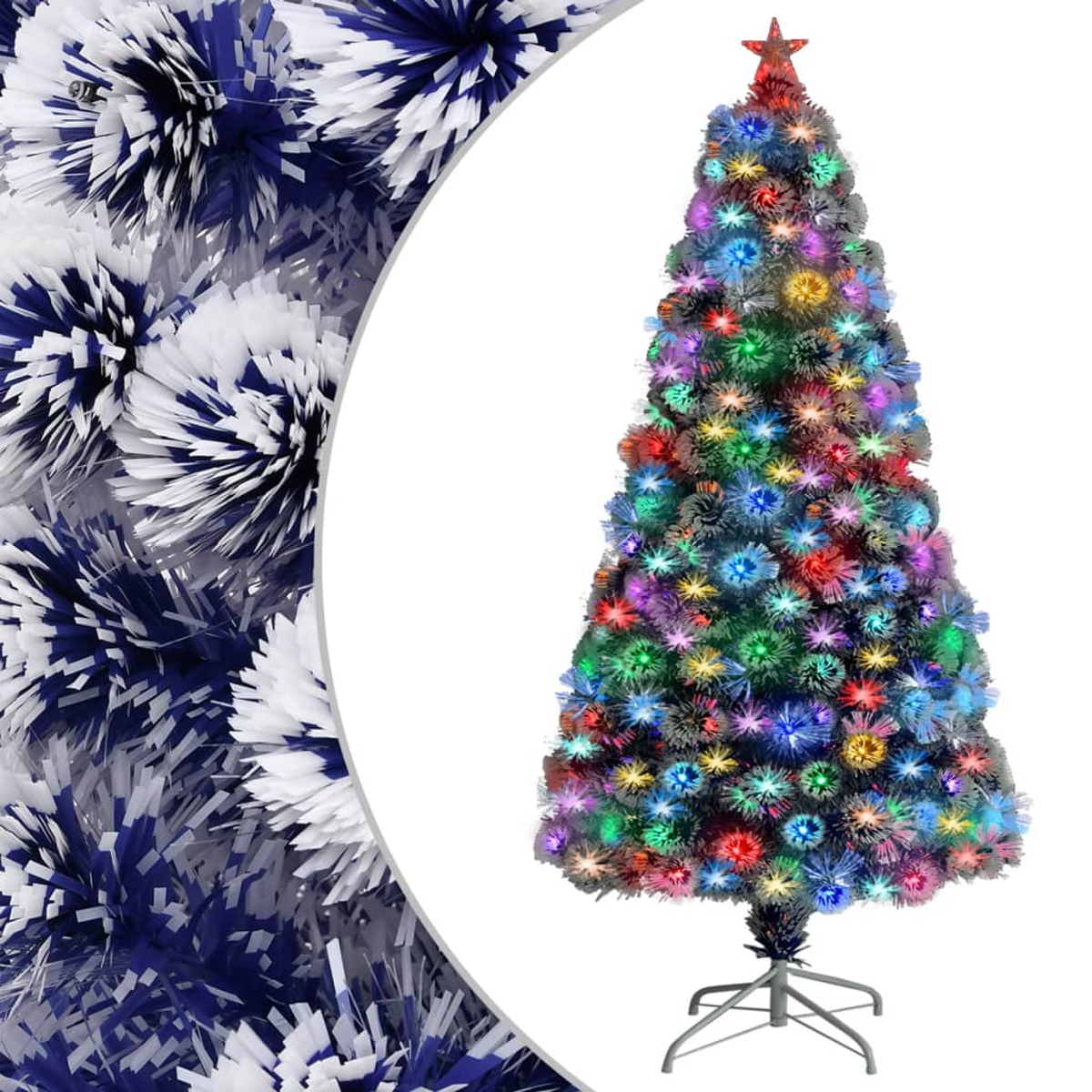 Ein Weihnachtsbaum mit bunten Lichtern und einem Stern. Links blaue und weiße Dekoration.