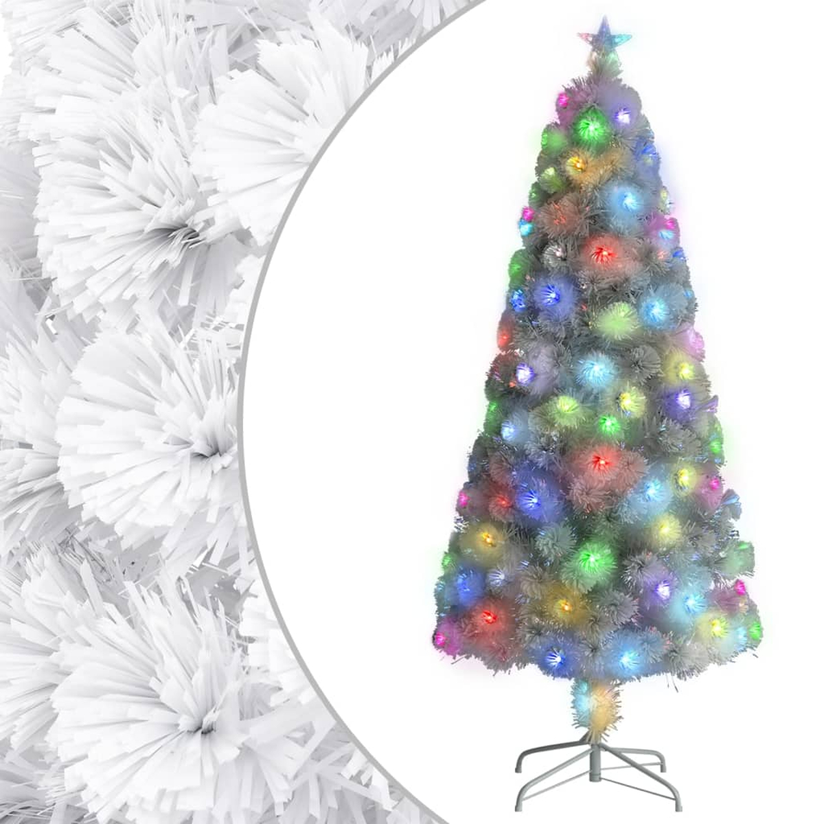 Ein weißer Weihnachtsbaum mit bunten Lichtern und einem Stern oben. Flauschiger weißer Hintergrund links. Der Baum steht auf einem weißen Sockel.