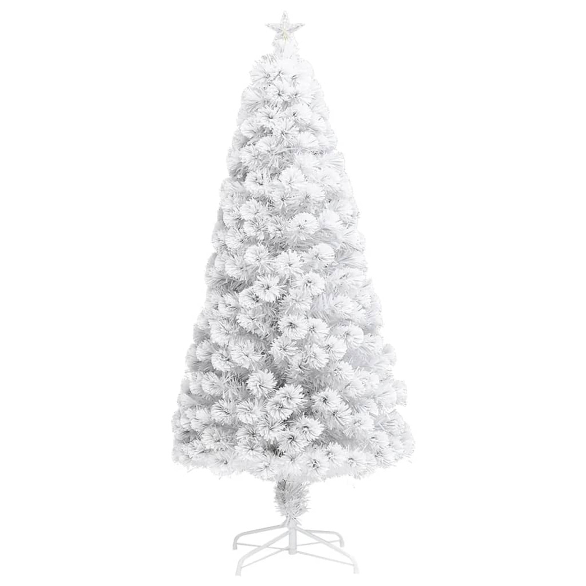 Ein weißer Weihnachtsbaum steht auf einem weißen Ständer. Er hat einen Stern oben drauf. Der Baum ist flauschig und hat eine Kegelform.