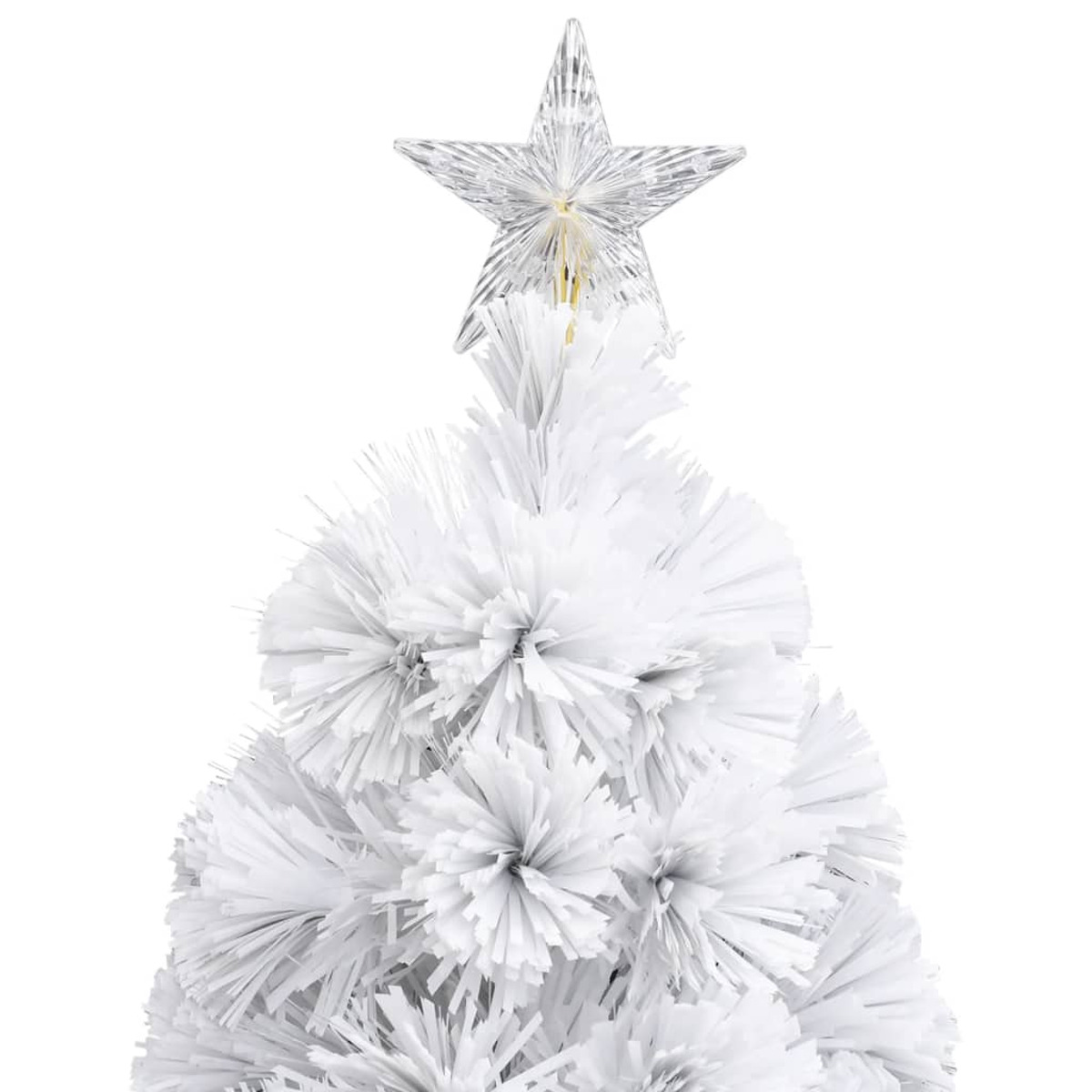 Ein weißer Weihnachtsbaum mit einem klaren Stern oben. Der Baum ist flauschig, und der Hintergrund ist schlicht weiß.
