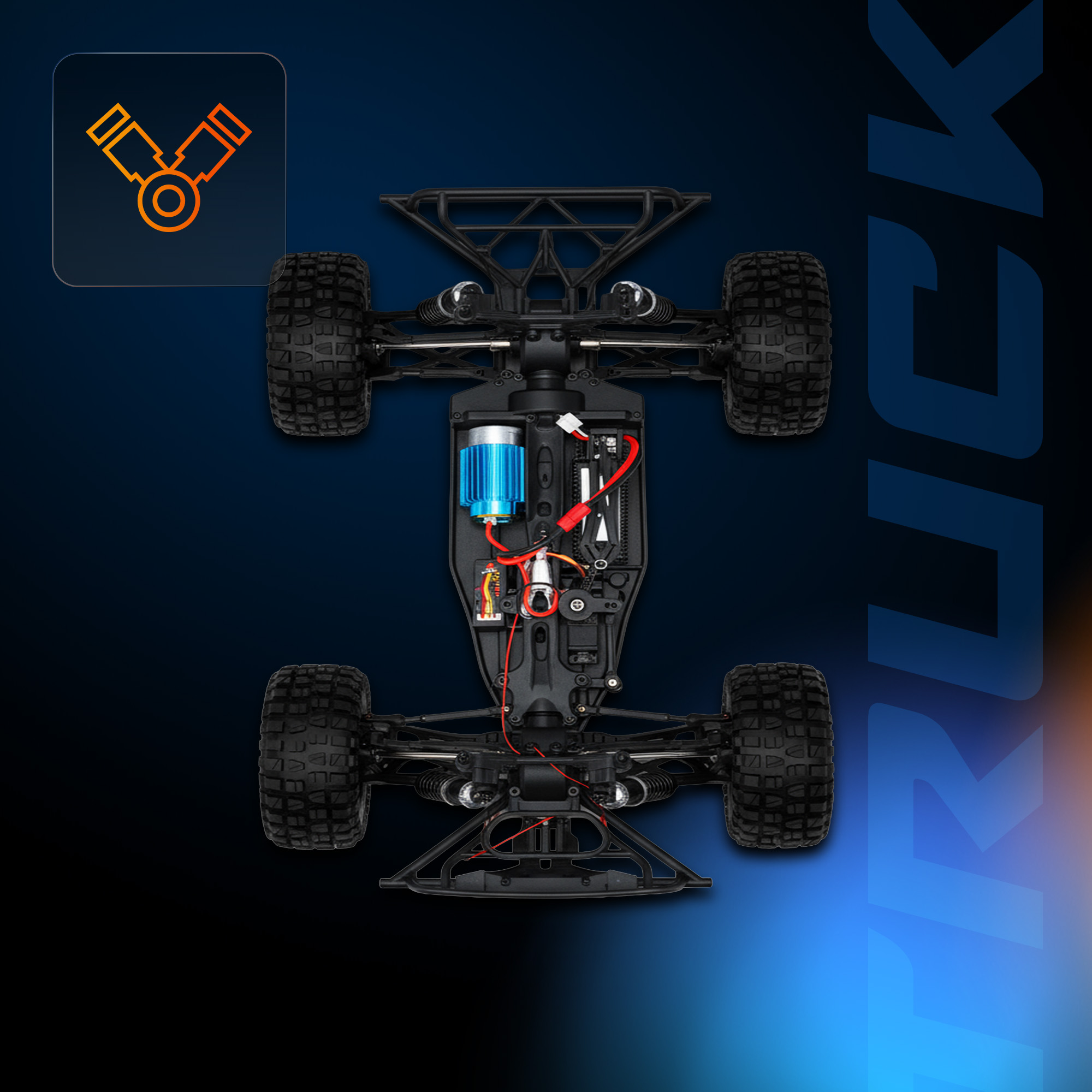 Widok z góry na czarne podwozie ciężarówki RC z kołami. Widoczny niebieski silnik i czerwone przewody. Pomarańczowa ikona silnika.