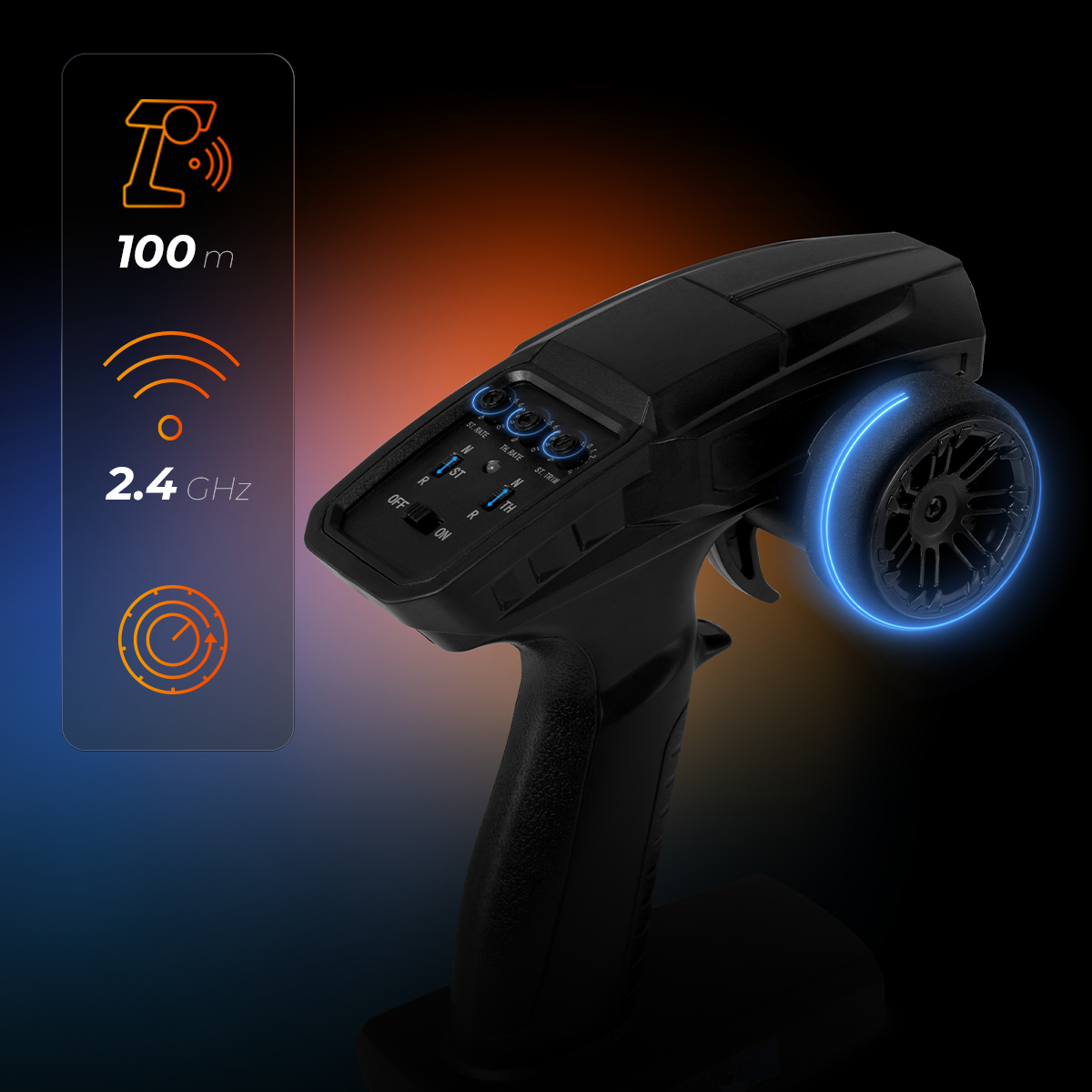 Czarny nadajnik RC z świecącym na niebiesko kołem. Infografika pokazuje zasięg 100 m, częstotliwość 2,4 GHz.
