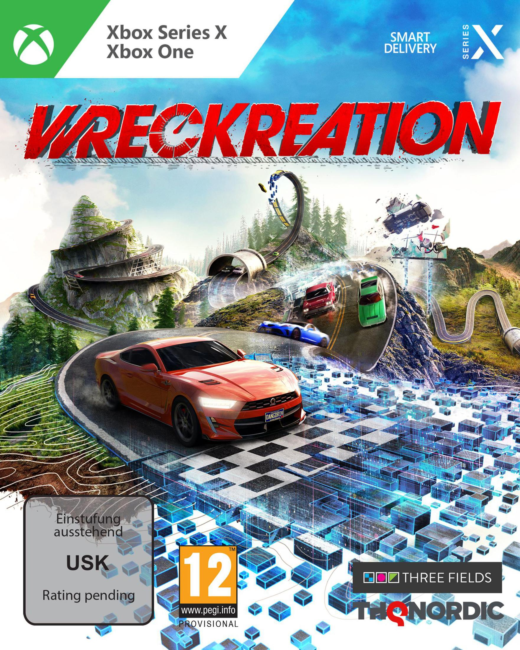 Spielcover mit einem roten Auto auf einer Straße, andere Autos rasen, und dem Titel Wreckreation, Xbox Series X Logo.