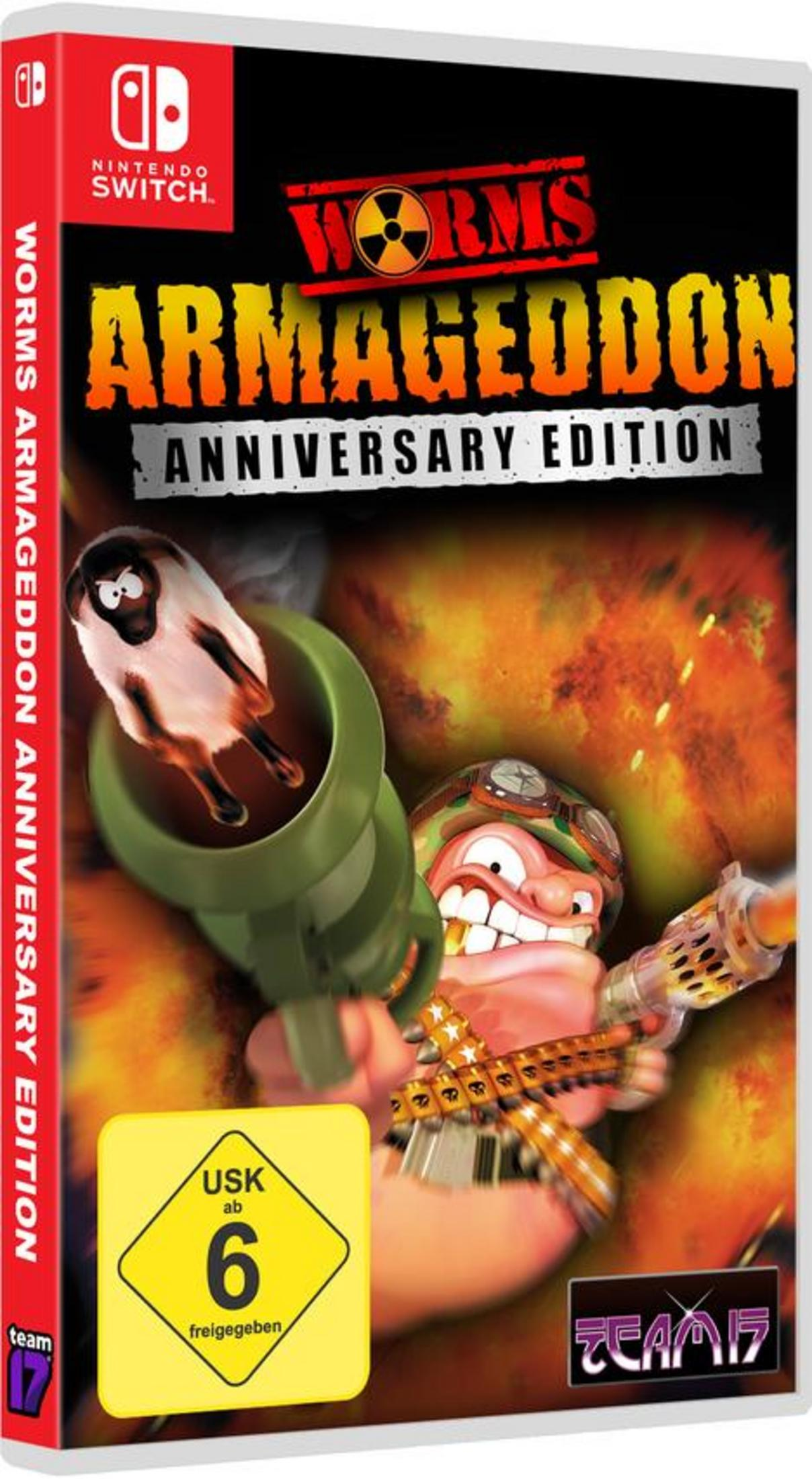Artwork della confezione del gioco Worms Armageddon Anniversary Edition. Un verme spara da un cannone verde. Esplosioni e un soldato sono visibili.