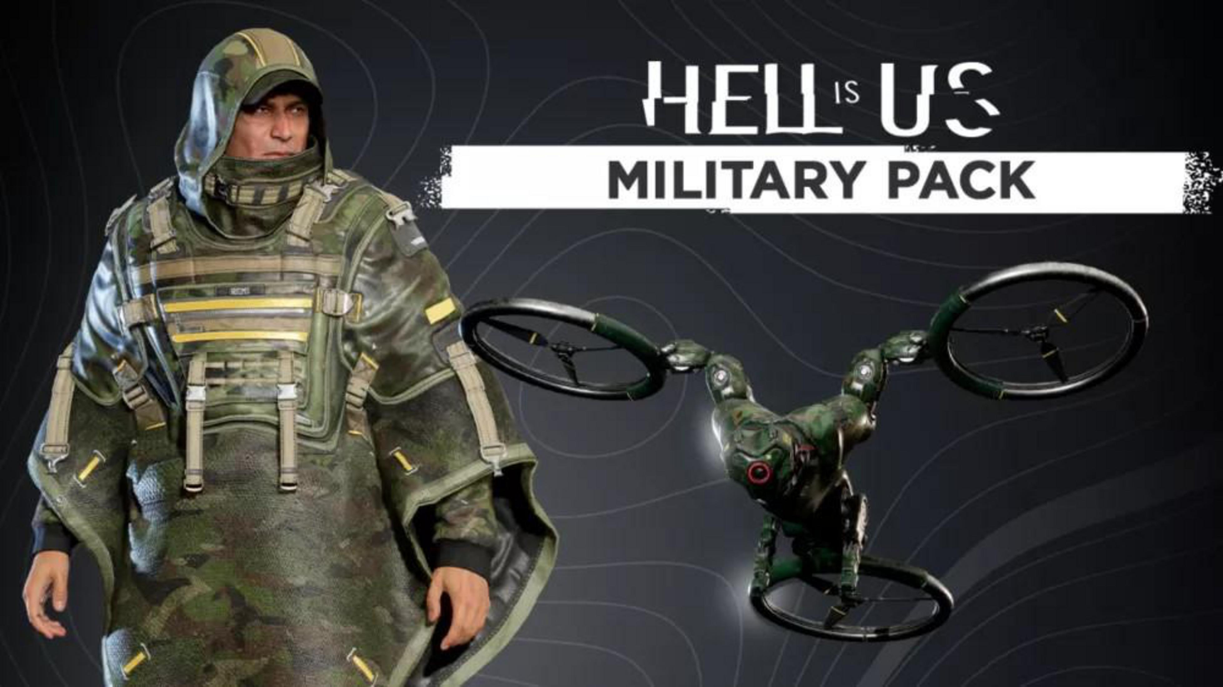 Eine Person in Militäruniform steht neben einer Drohne. Der Text "Hell is Us Military Pack" steht oben.
