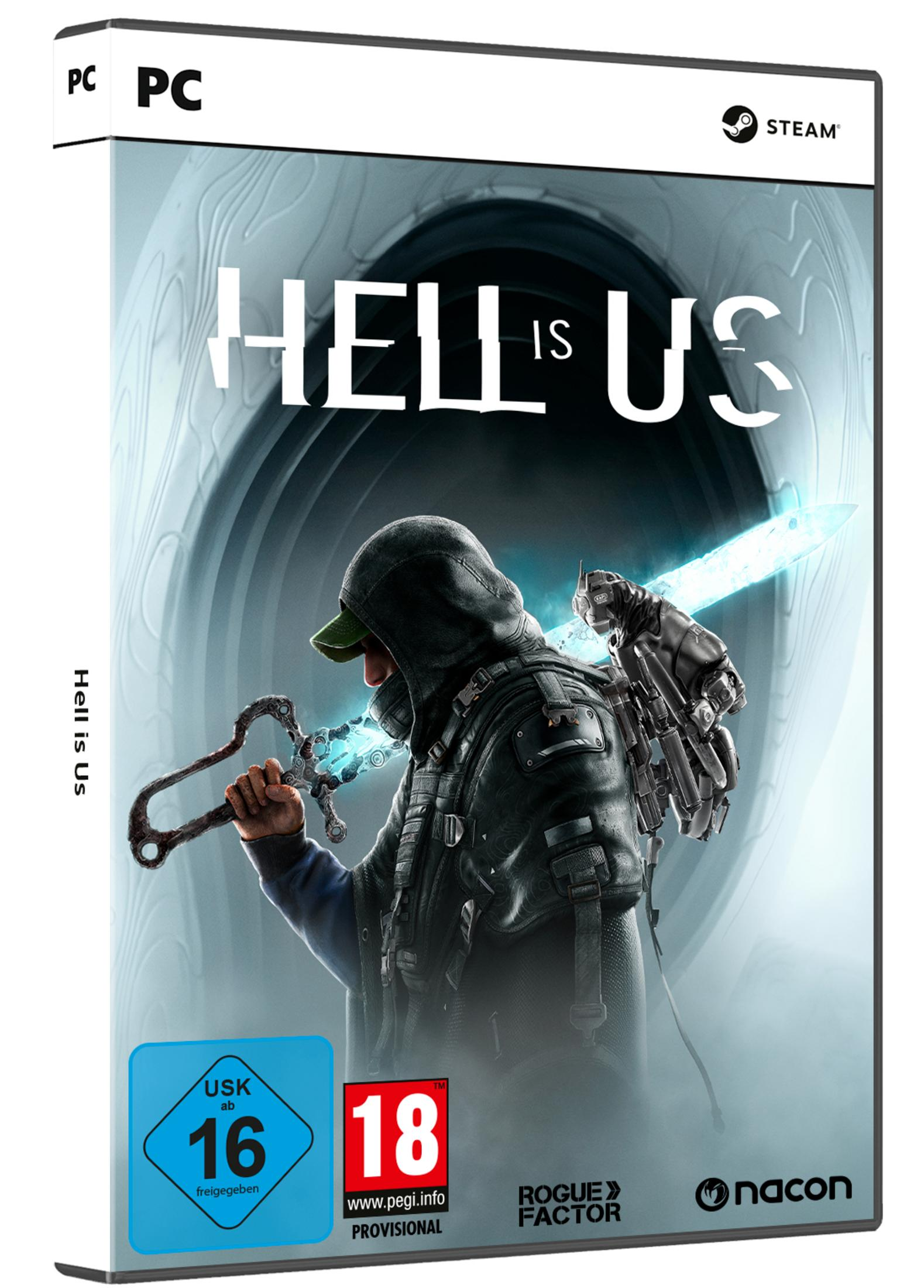 Spiel-Box-Art für Hell is Us. Eine Figur hält ein leuchtendes Schwert. Logo und Altersfreigabe sind sichtbar.