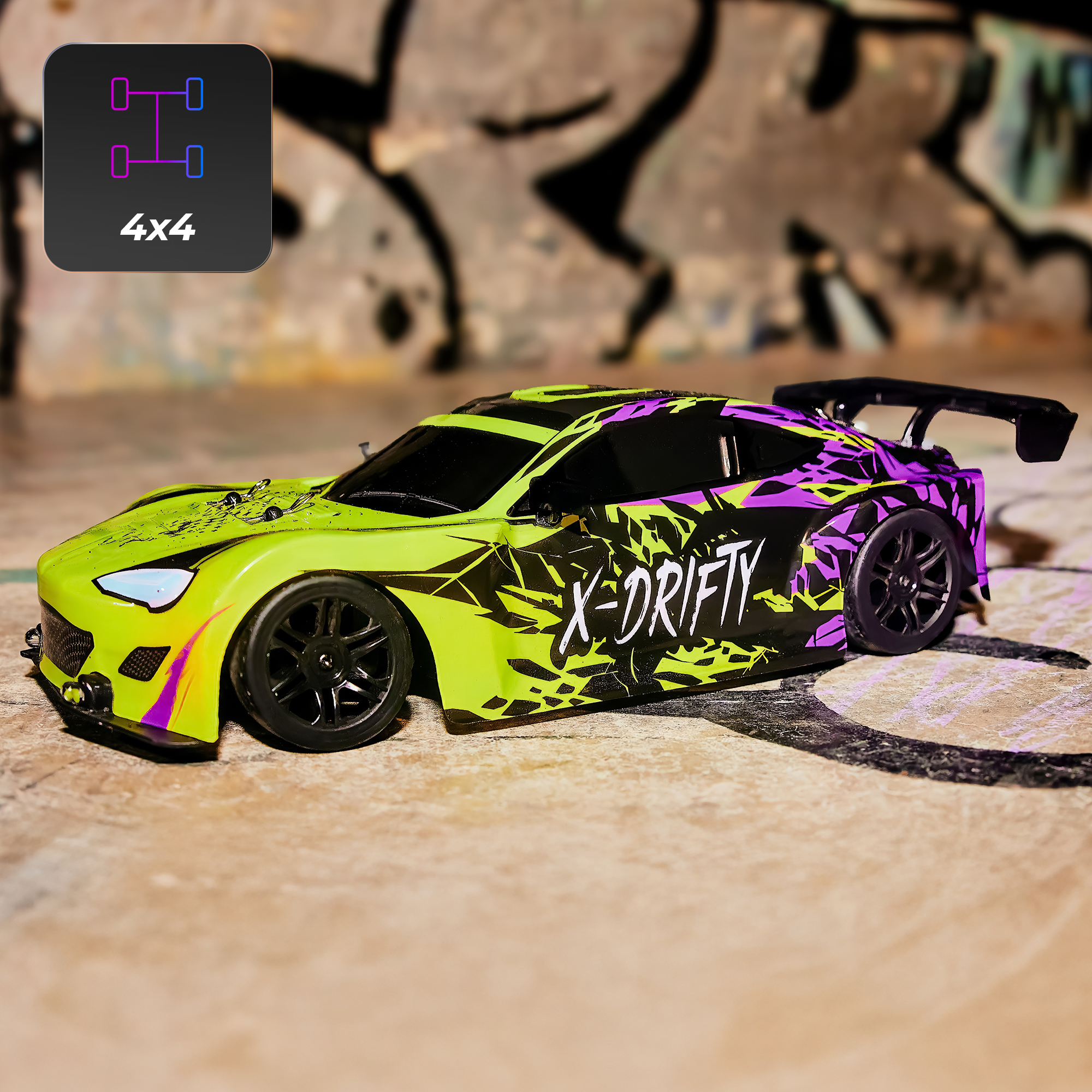 Neonowo-zielony i fioletowy samochodzik z czarnymi kołami i spojlerem na betonie z graffiti.