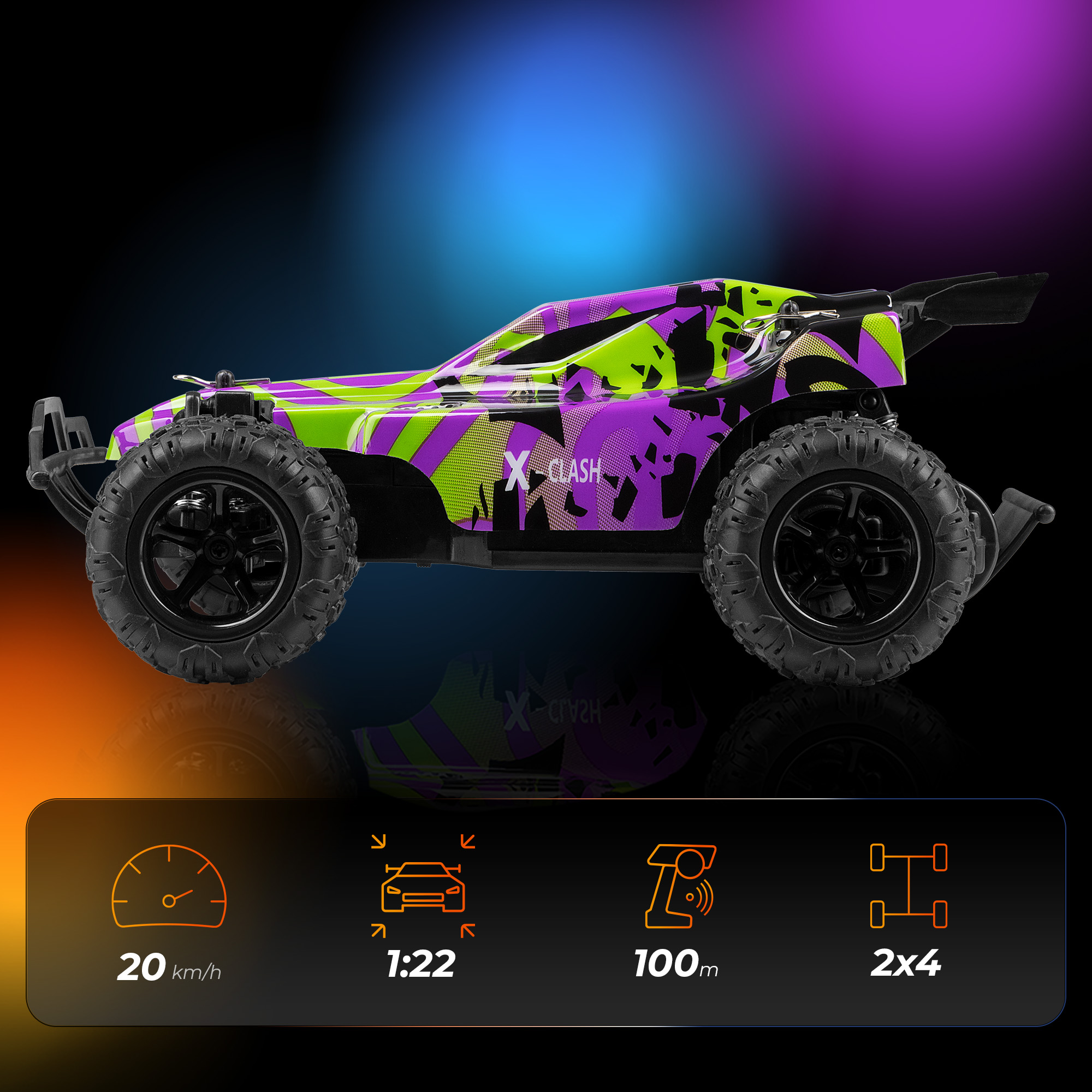 Zielony, fioletowy i czarny samochód RC. Ma duże koła. Wyświetlacze pokazują prędkość, skalę, zasięg i napęd kół.