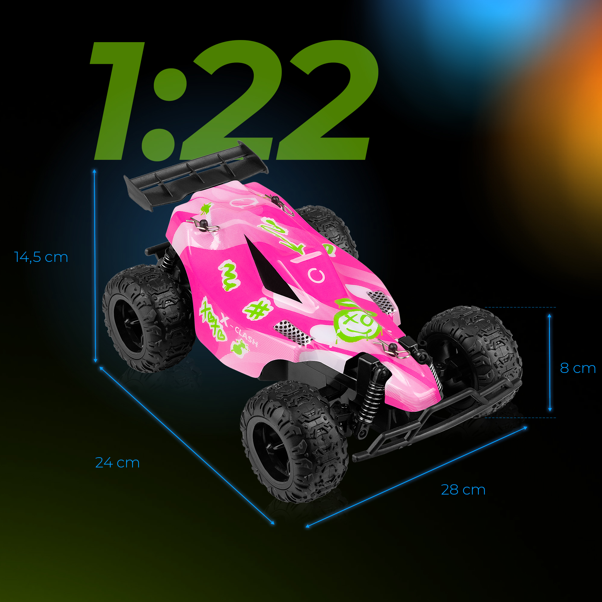 Różowo-biały samochodzik z czarnymi oponami, zielonymi akcentami. Wymiary są pokazane. Tło to gradient czerni, błękitu i pomarańczy.