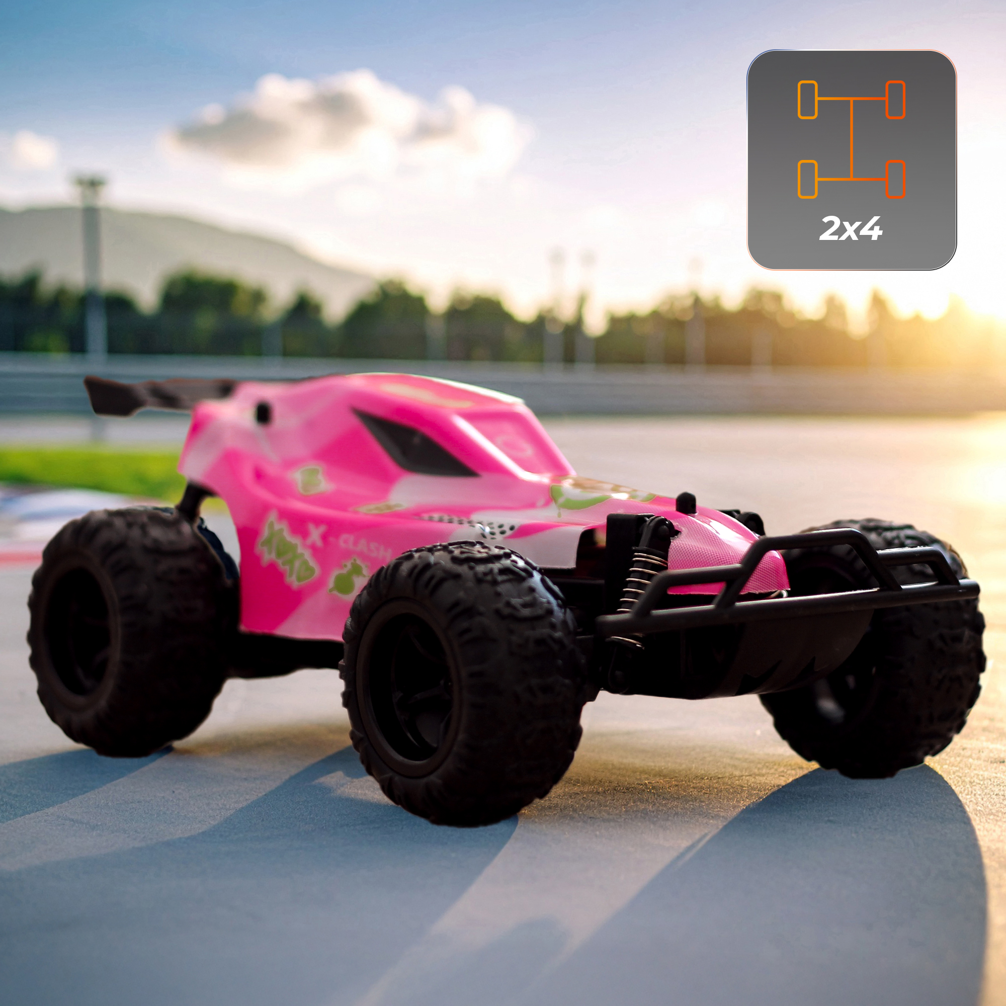 Rosa RC-Auto mit schwarzen Rädern auf einer Rennstrecke. Der Himmel ist blau mit Wolken. Ein 2x4-Symbol ist sichtbar.