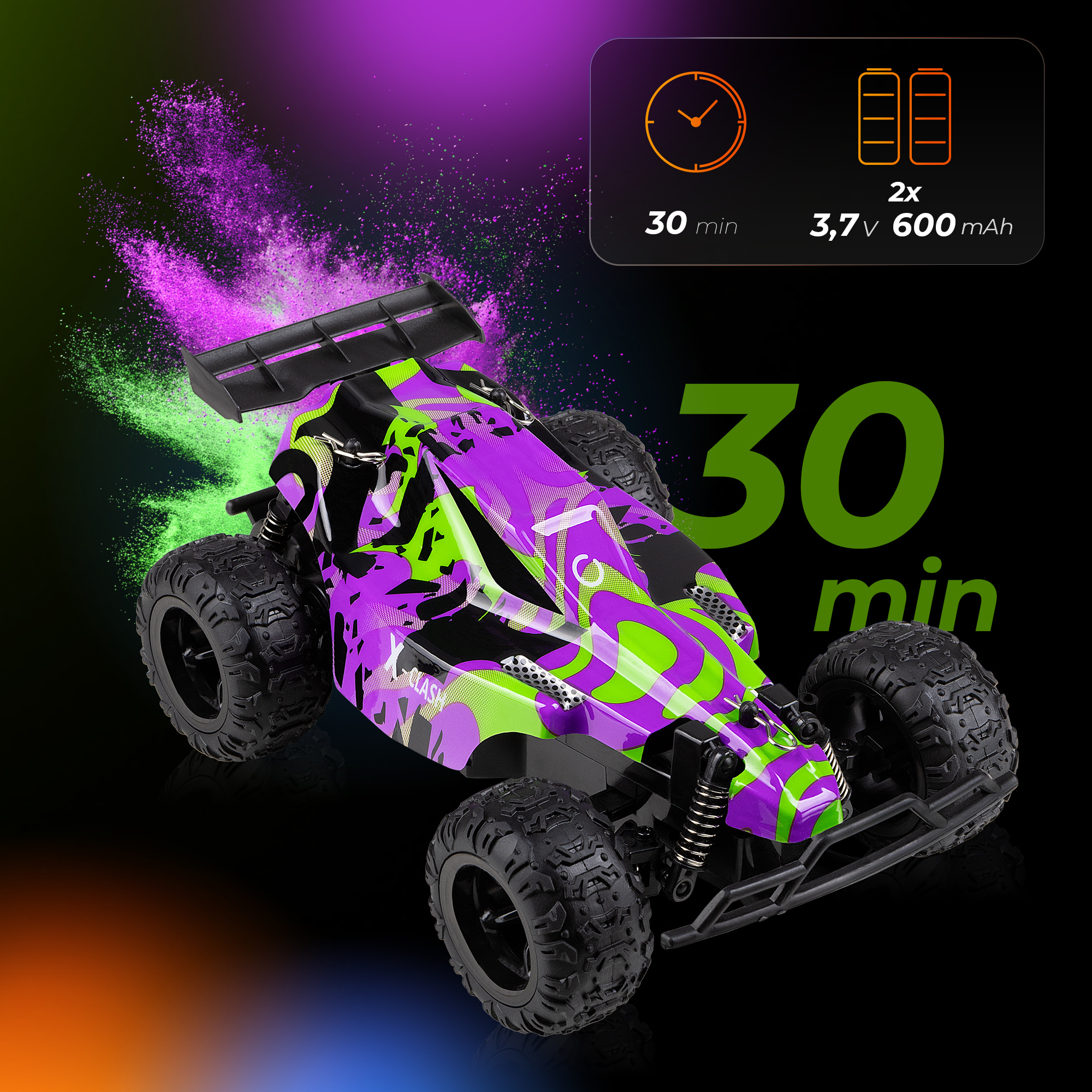 Zabawkowe auto z fioletowym, zielonym i czarnym kamuflażem. Ma duże koła i spojler. Tekst wskazuje 30 min i szczegóły baterii.