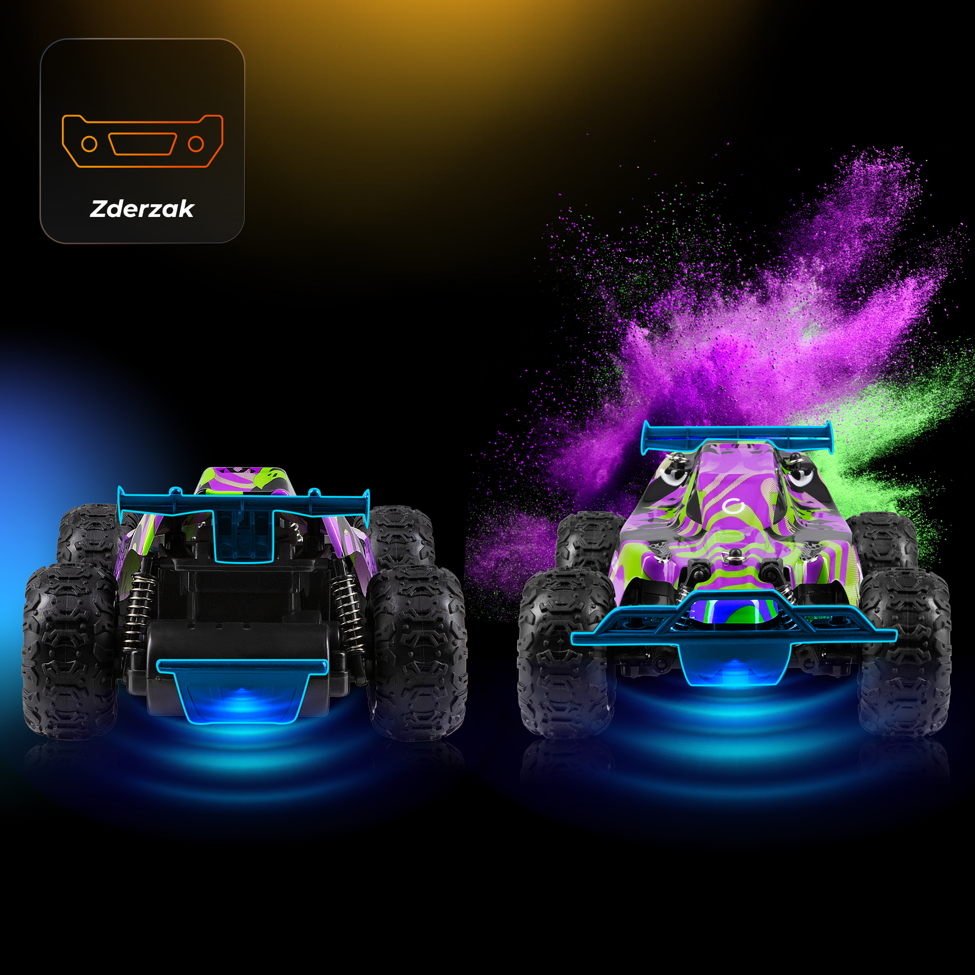 Two toy monster trucks with neon trim, purple and green camouflage, and blue underglow, with a black background and colored powder.