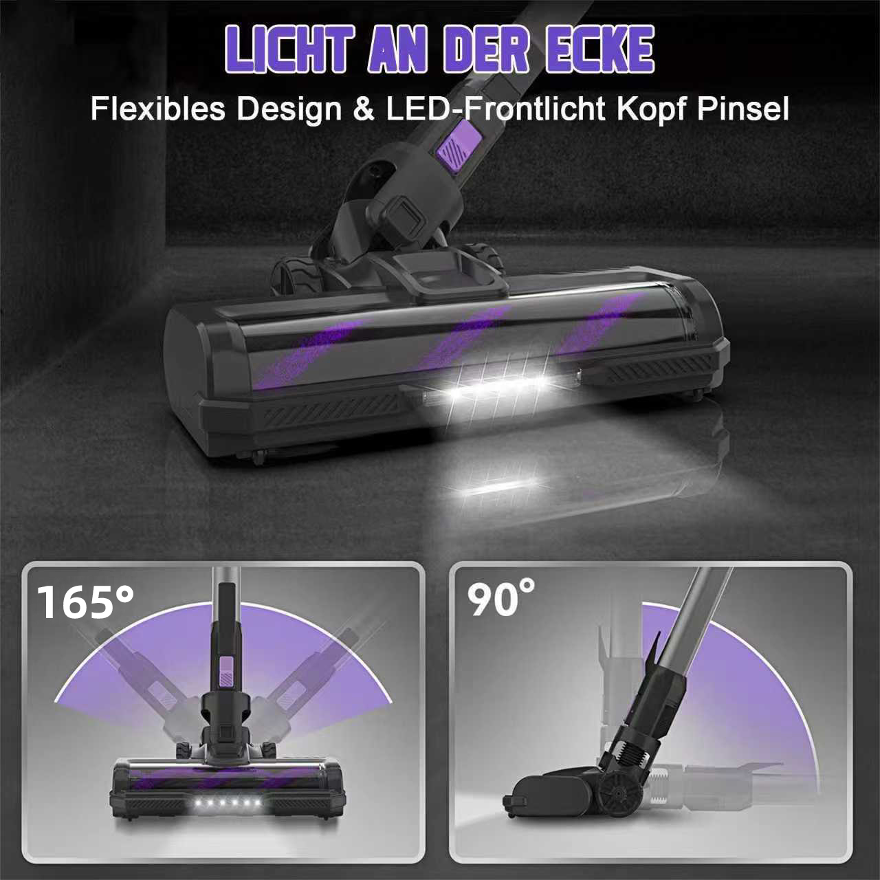 Das Bild zeigt einen schwarz-violetten Staubsauger mit LED-Leuchten. Text enthält 'Flexibles Design' und Winkelanzeigen 165° und 90°.