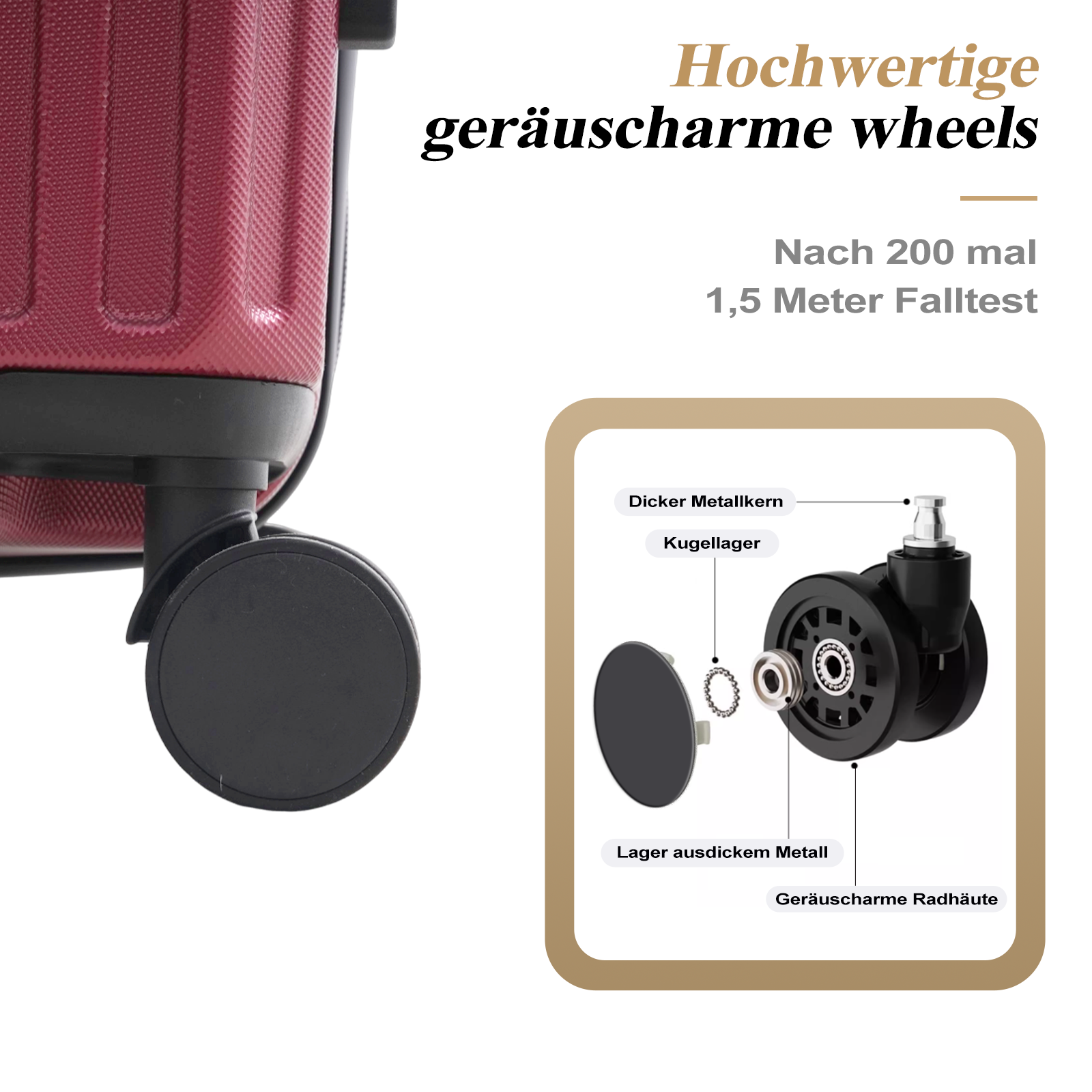 Nahaufnahme eines Koffer-Rades, mit Text über seine Eigenschaften und Falltestdetails.