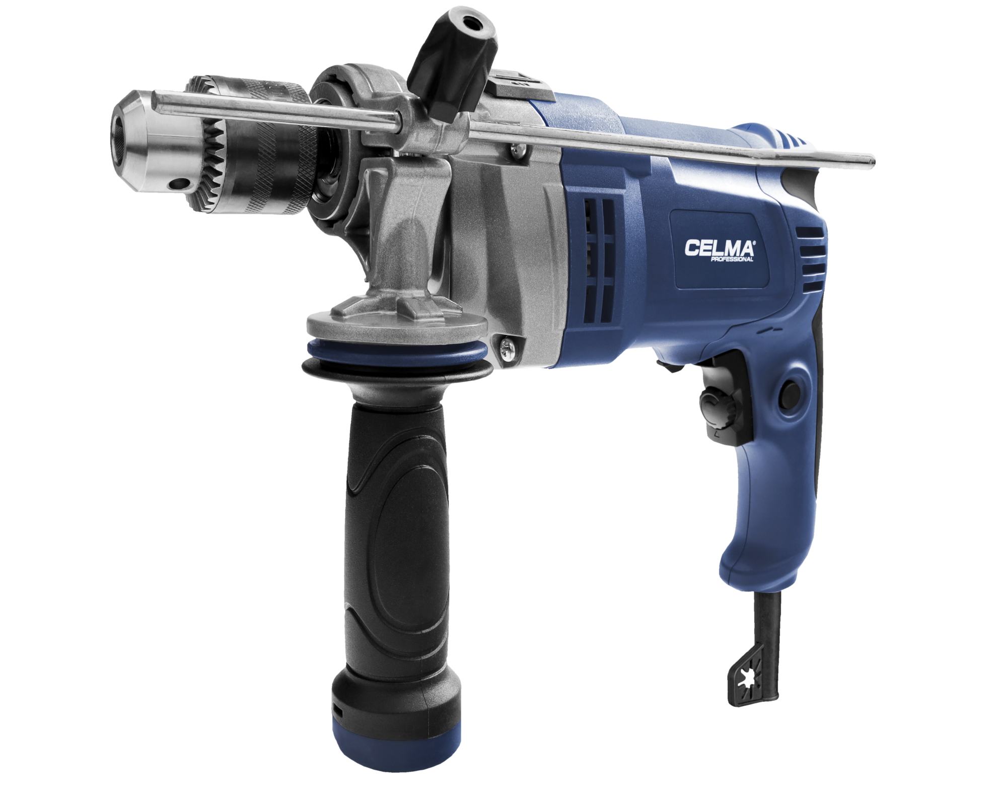 Niebiesko-szara wiertarka elektryczna z czarnym uchwytem na białym tle.