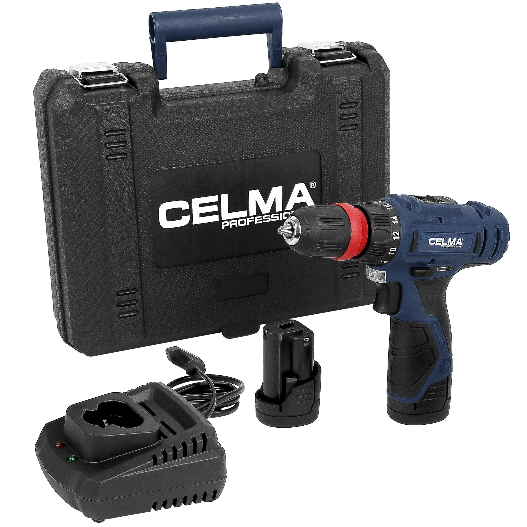 Zestaw wiertarki akumulatorowej. Zawiera wiertarkę, akumulator, ładowarkę i walizkę, wszystko w kolorze czarnym i niebieskim.