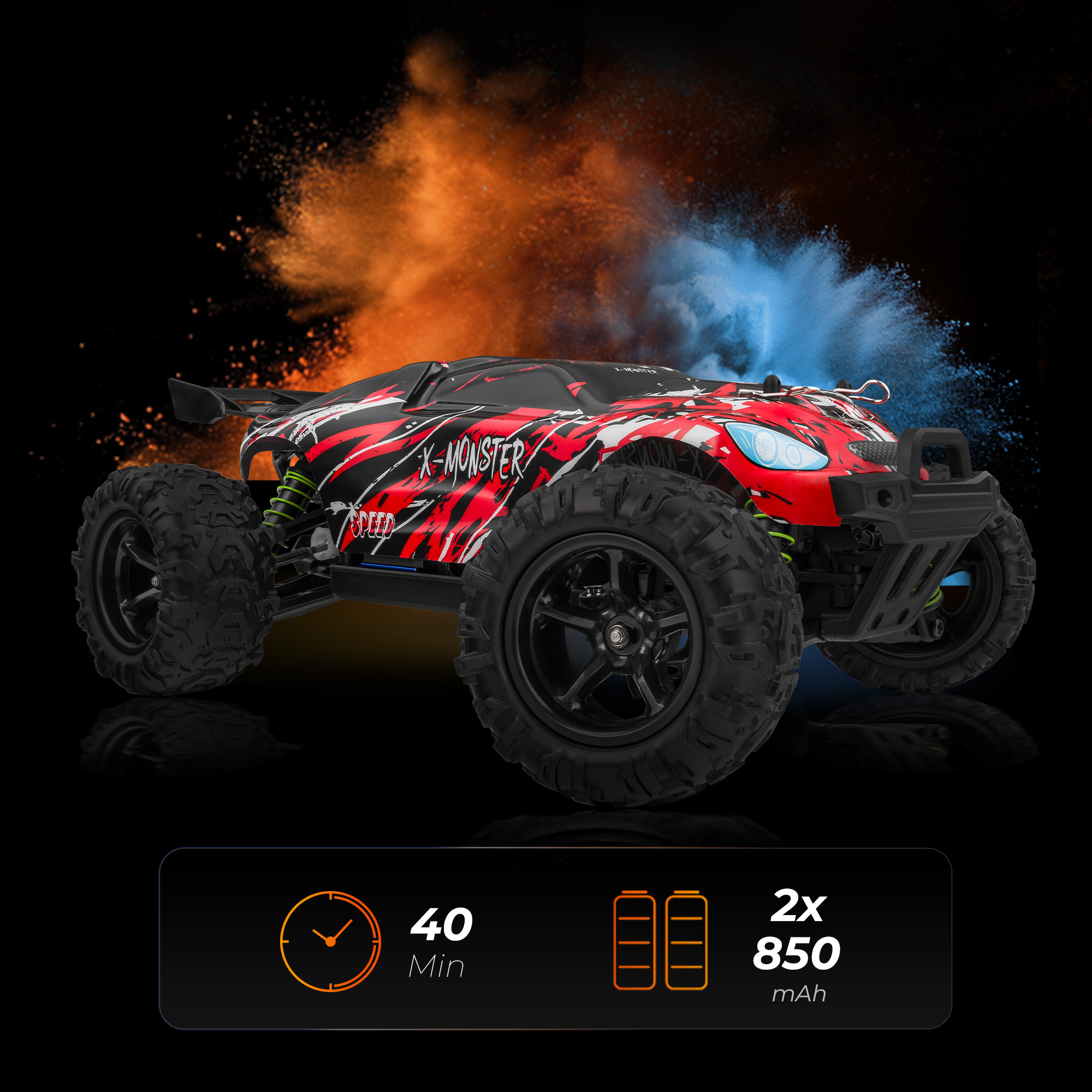 Czerwono-czarny samochód zdalnie sterowany X-Monster z dużymi oponami. Pomarańczowe i niebieskie wybuchy proszku w tle.