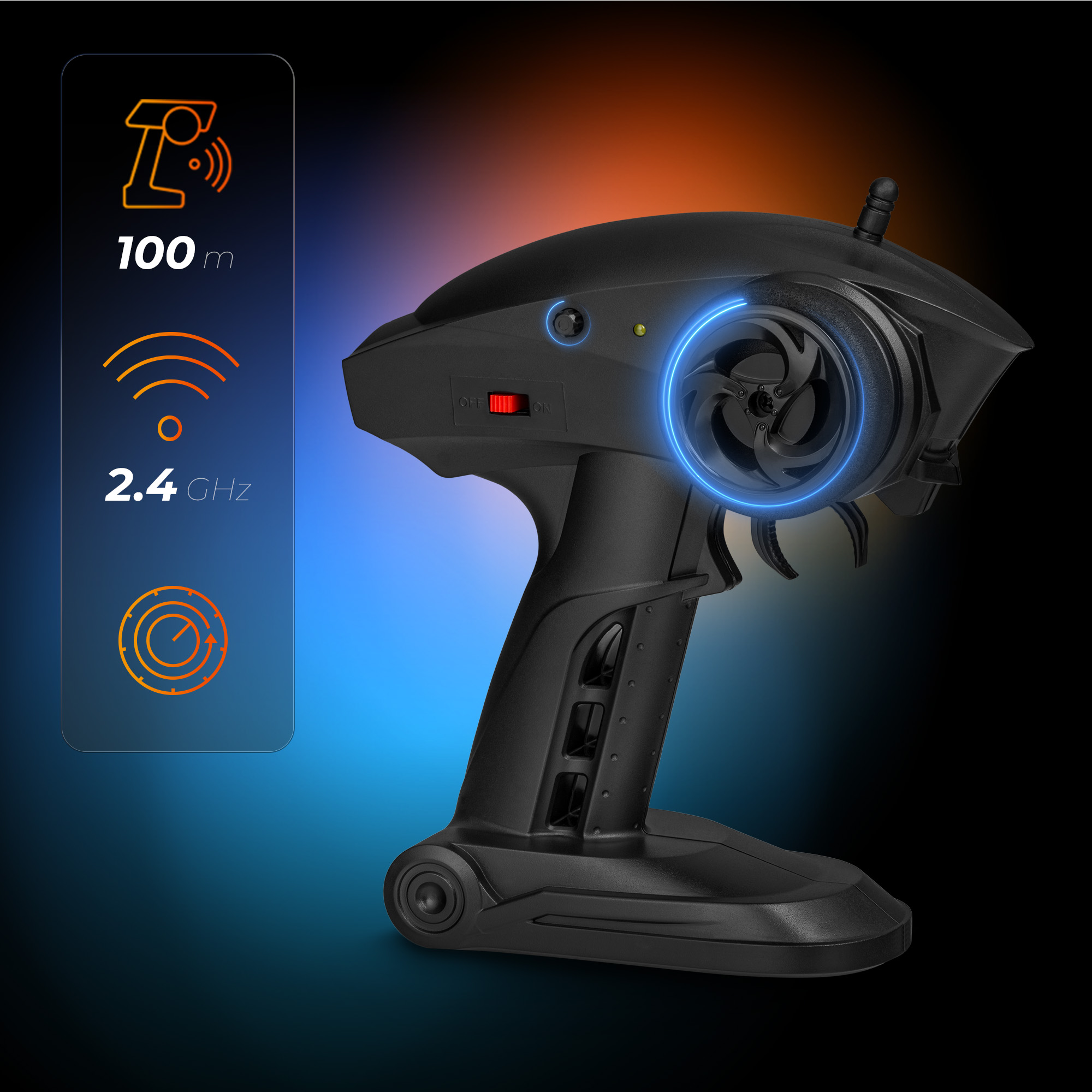 Un émetteur RC noir avec un anneau lumineux bleu. Affiche 2,4 GHz et une portée de 100 m. Il a un fond dégradé orange et bleu.
