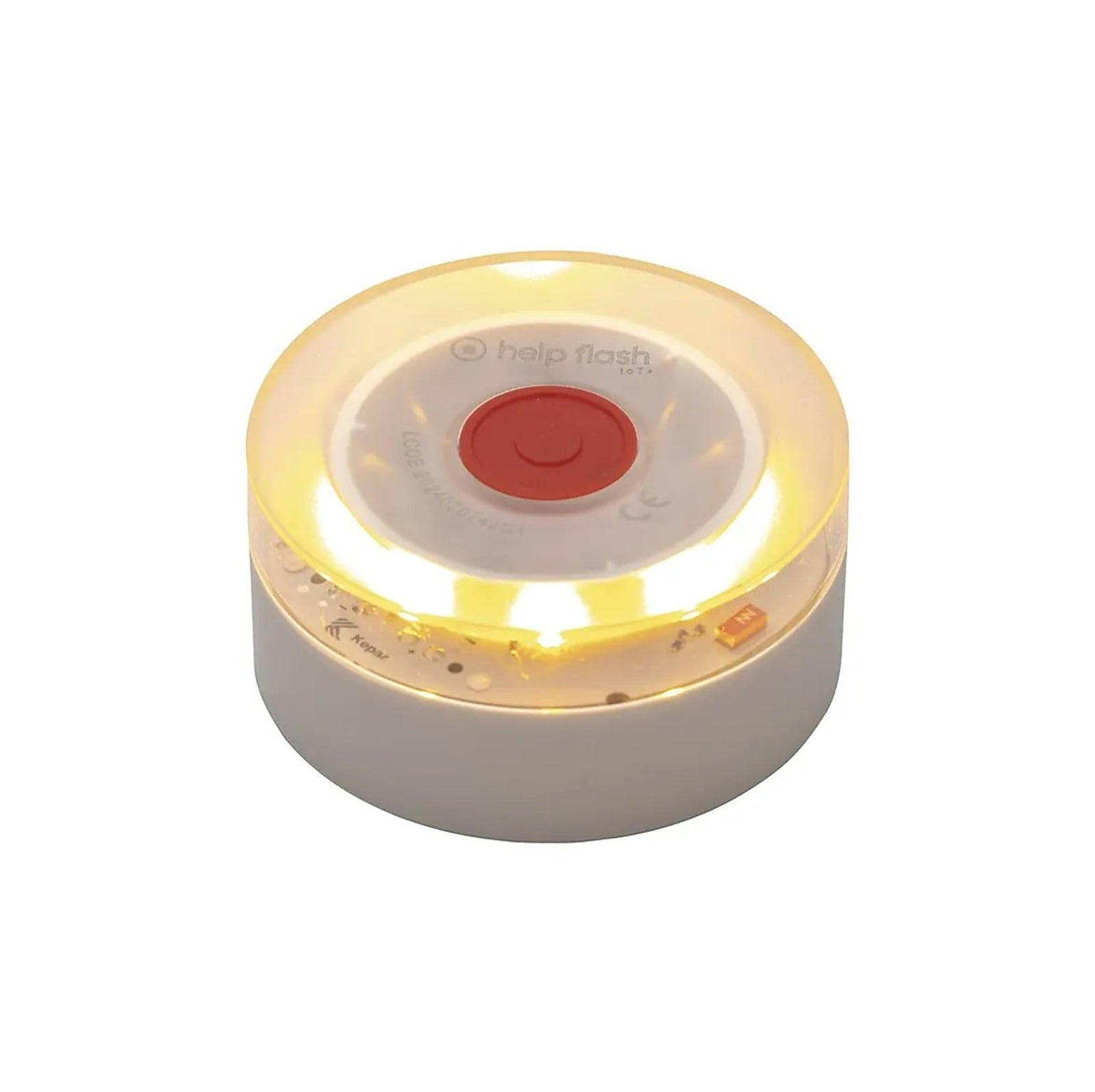 Un dispositivo de flash de ayuda blanco y amarillo. Tiene un botón rojo en el medio y una parte superior transparente.