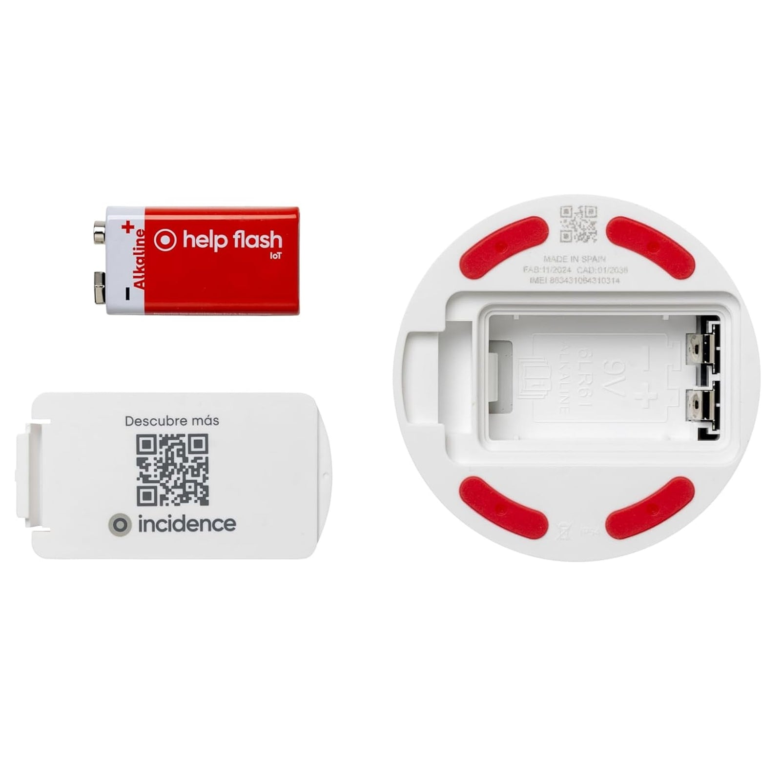 La imagen muestra una batería roja, un dispositivo blanco y una tarjeta blanca con un código QR.
