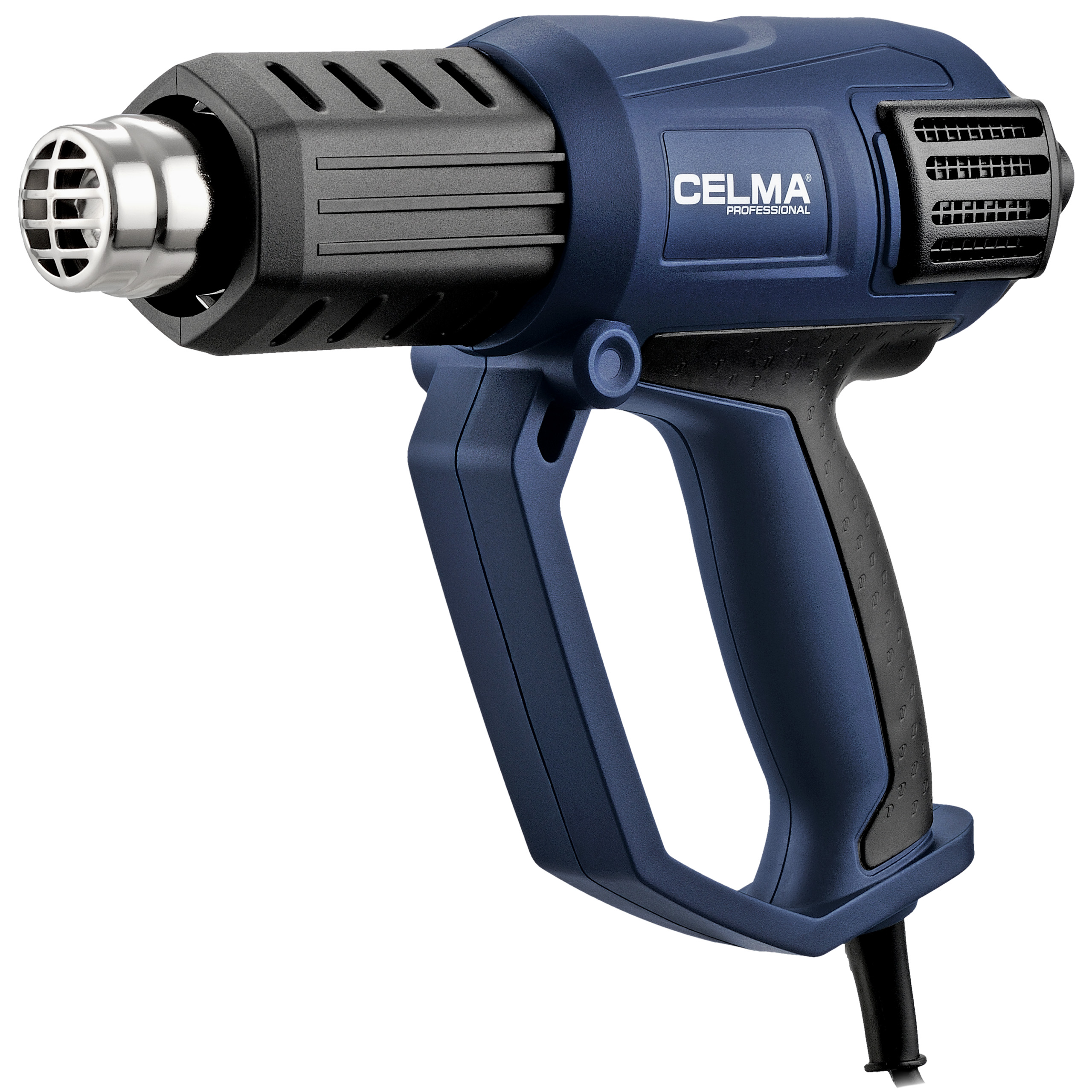 Niebiesko-czarny opalarka. Pistolet ma dyszę, uchwyt i czarny przewód zasilający.