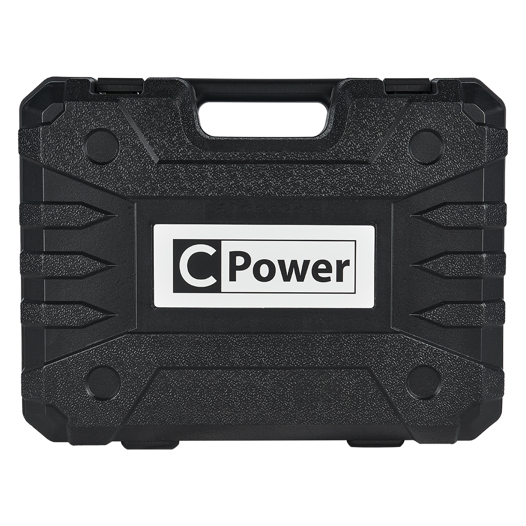 Czarna walizka na narzędzia z białą etykietą z napisem 'C Power'. Walizka ma uchwyt i jest zamknięta.