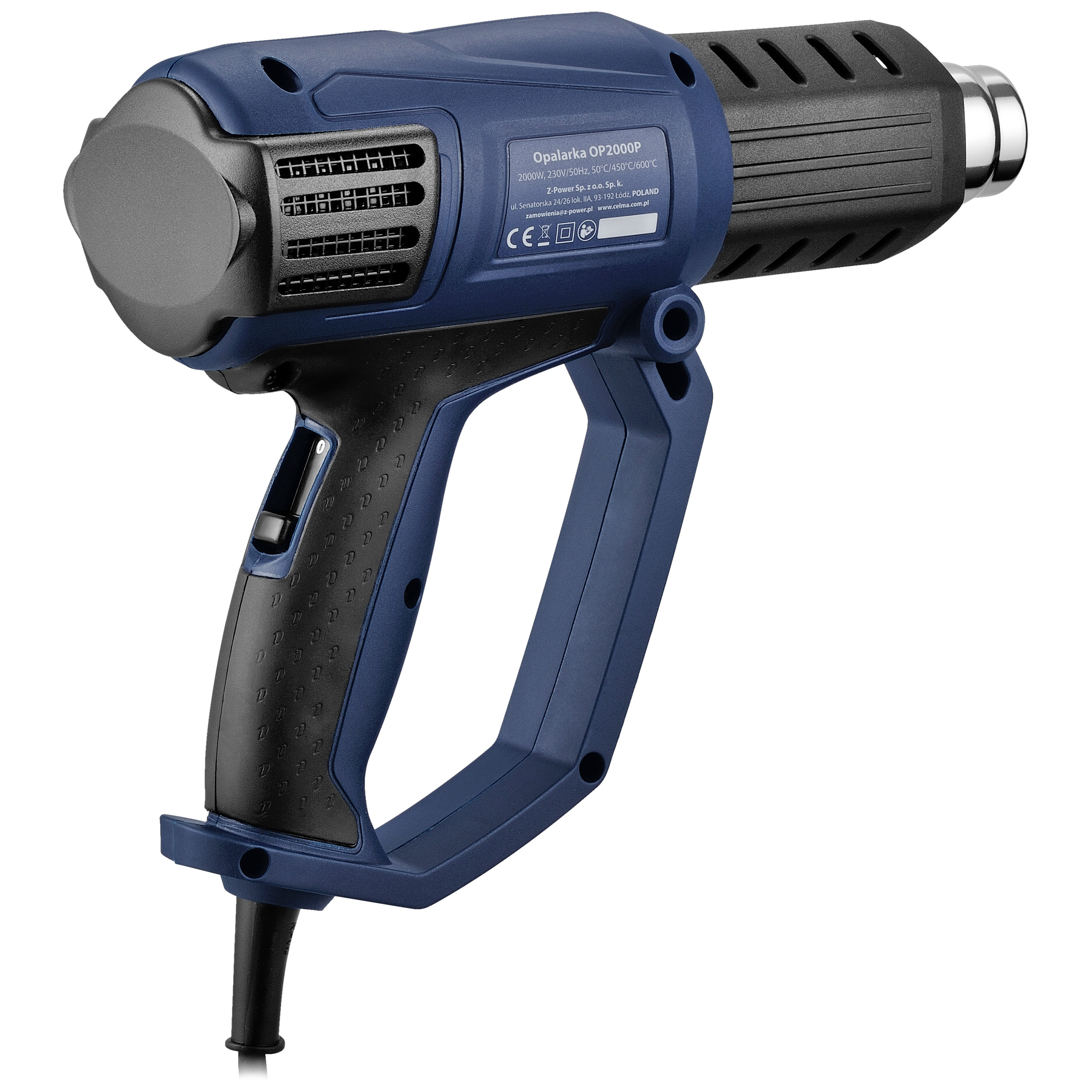 Niebiesko-czarna opalarka OP2000P na białym tle, z czarnym przewodem zasilającym.