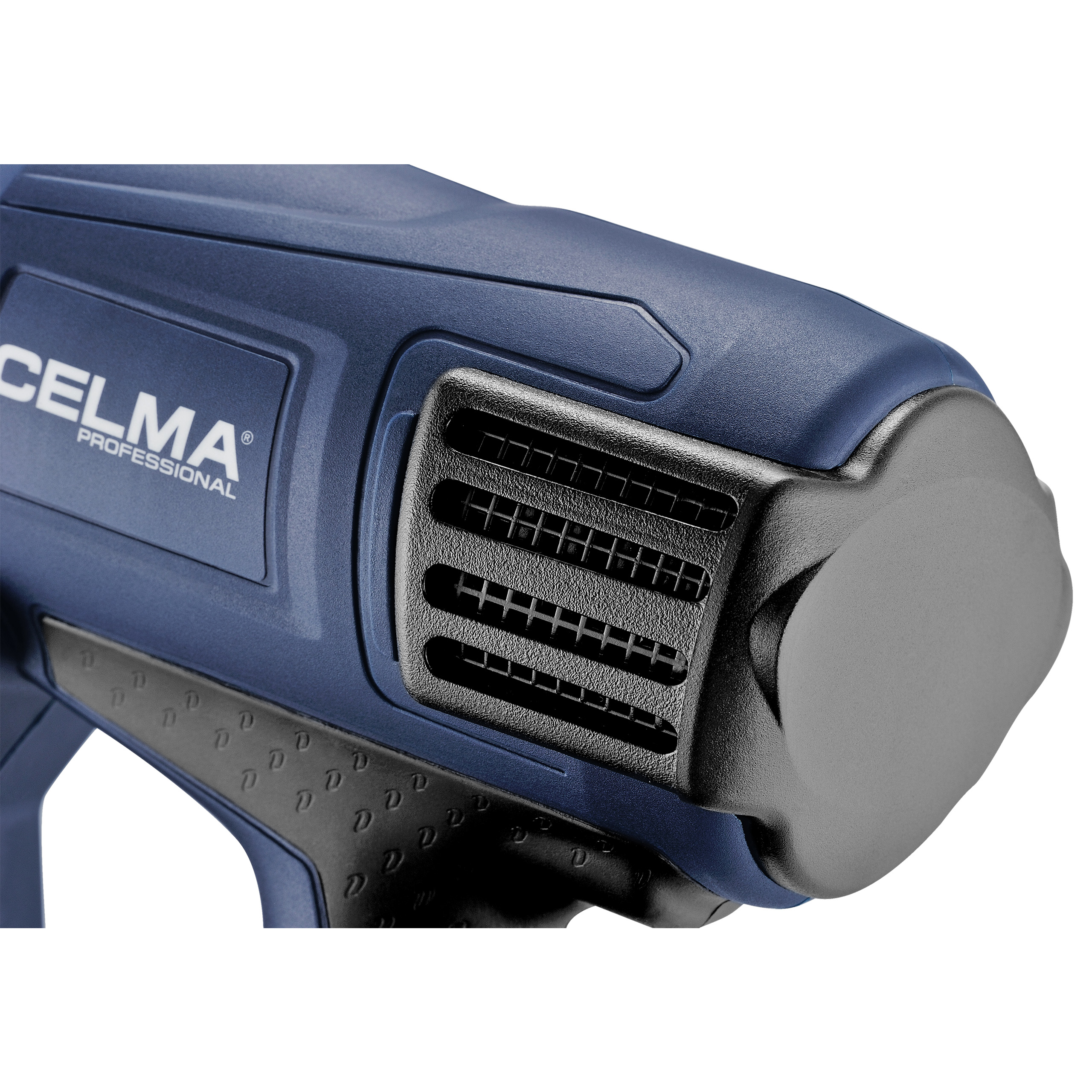 Zbliżenie niebieskiego opalarki z czarnymi akcentami. Widoczna marka CELMA. Tło jest białe.