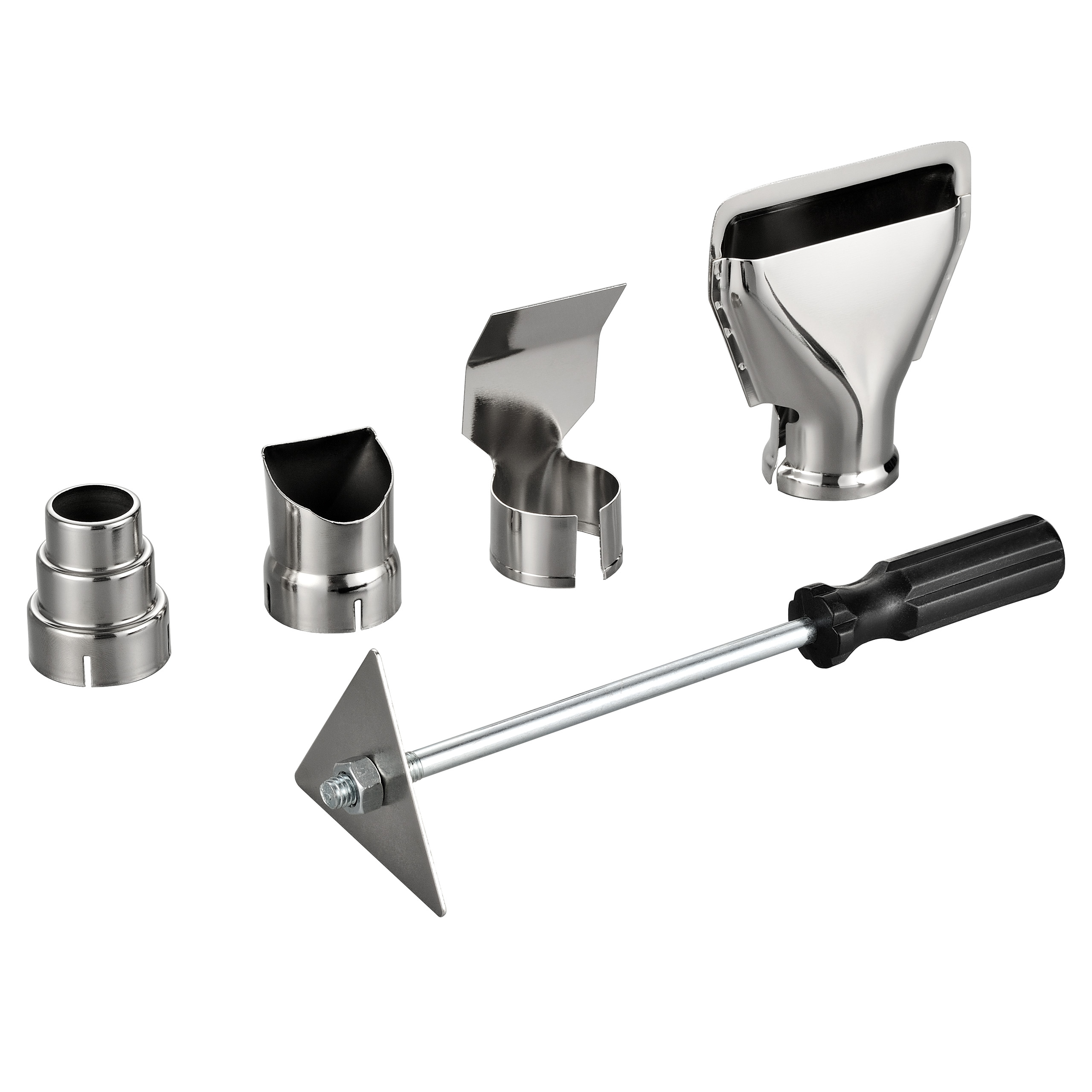 Zestaw nasadek do opalarki i skrobak na białym tle. Narzędzia są srebrne.