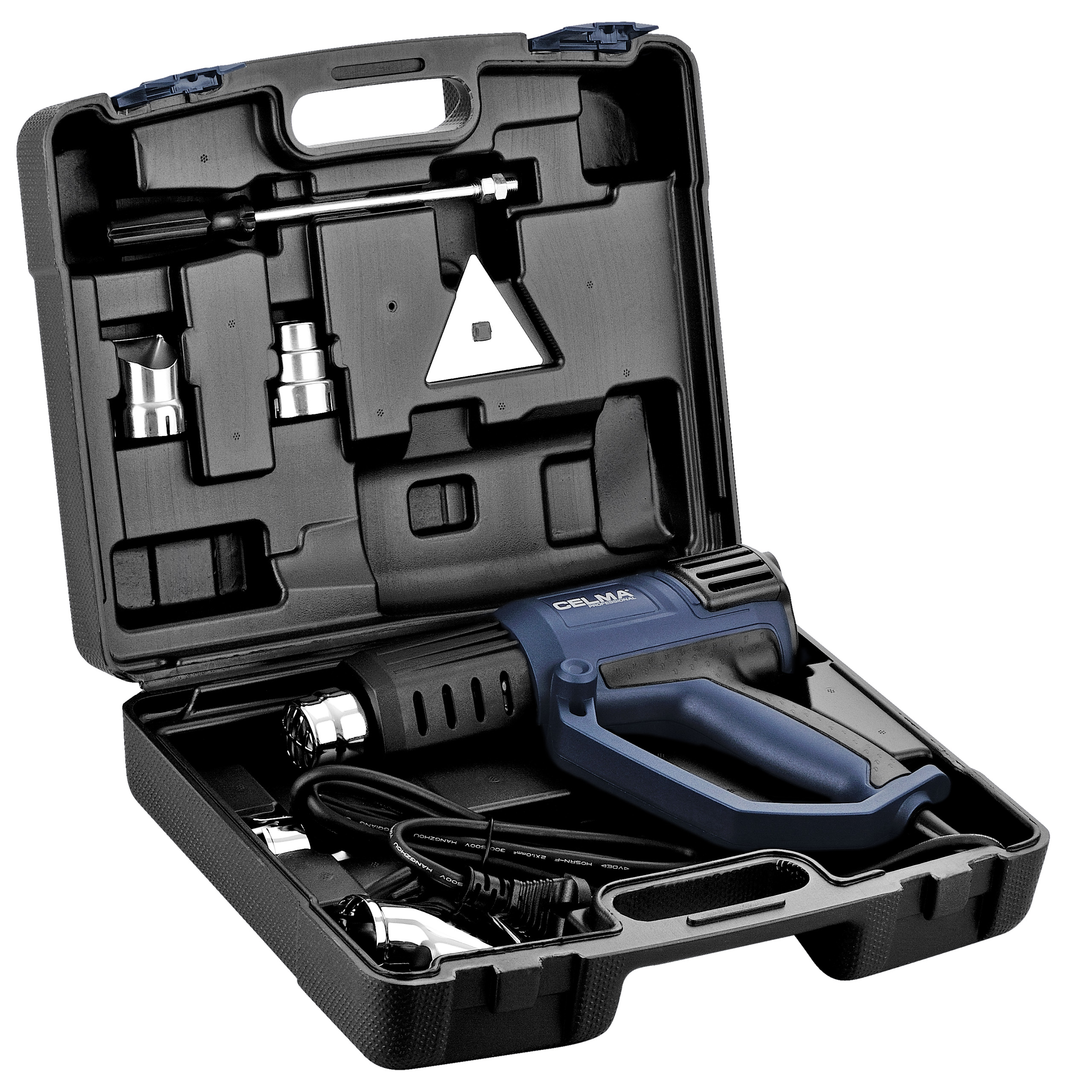 Czarna skrzynka narzędziowa zawiera niebieską opalarkę i różne metalowe nasadki. Walizka jest otwarta.