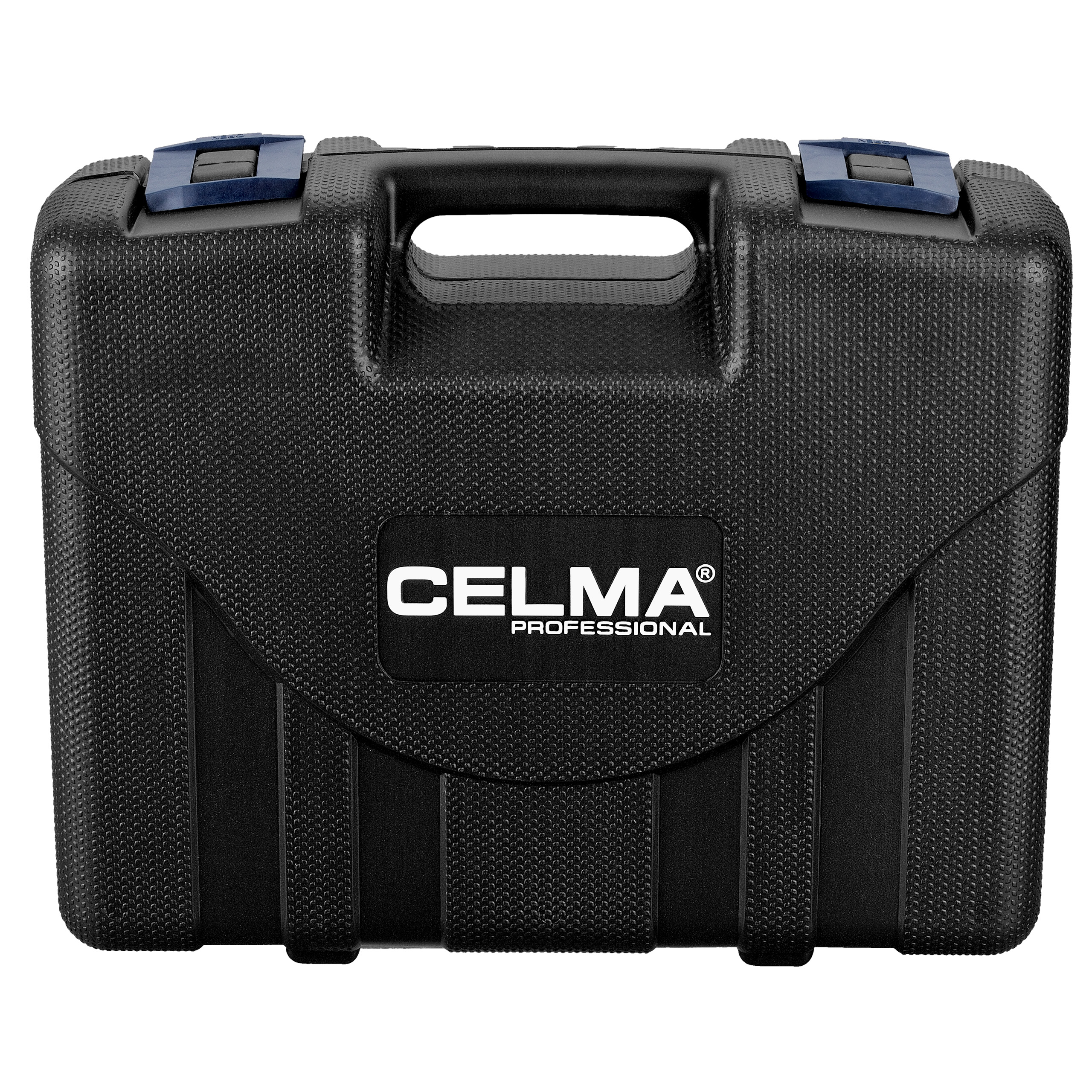 Czarna skrzynka narzędziowa CELMA PROFESSIONAL z uchwytem i dwoma niebieskimi zatrzaskami na białym tle.