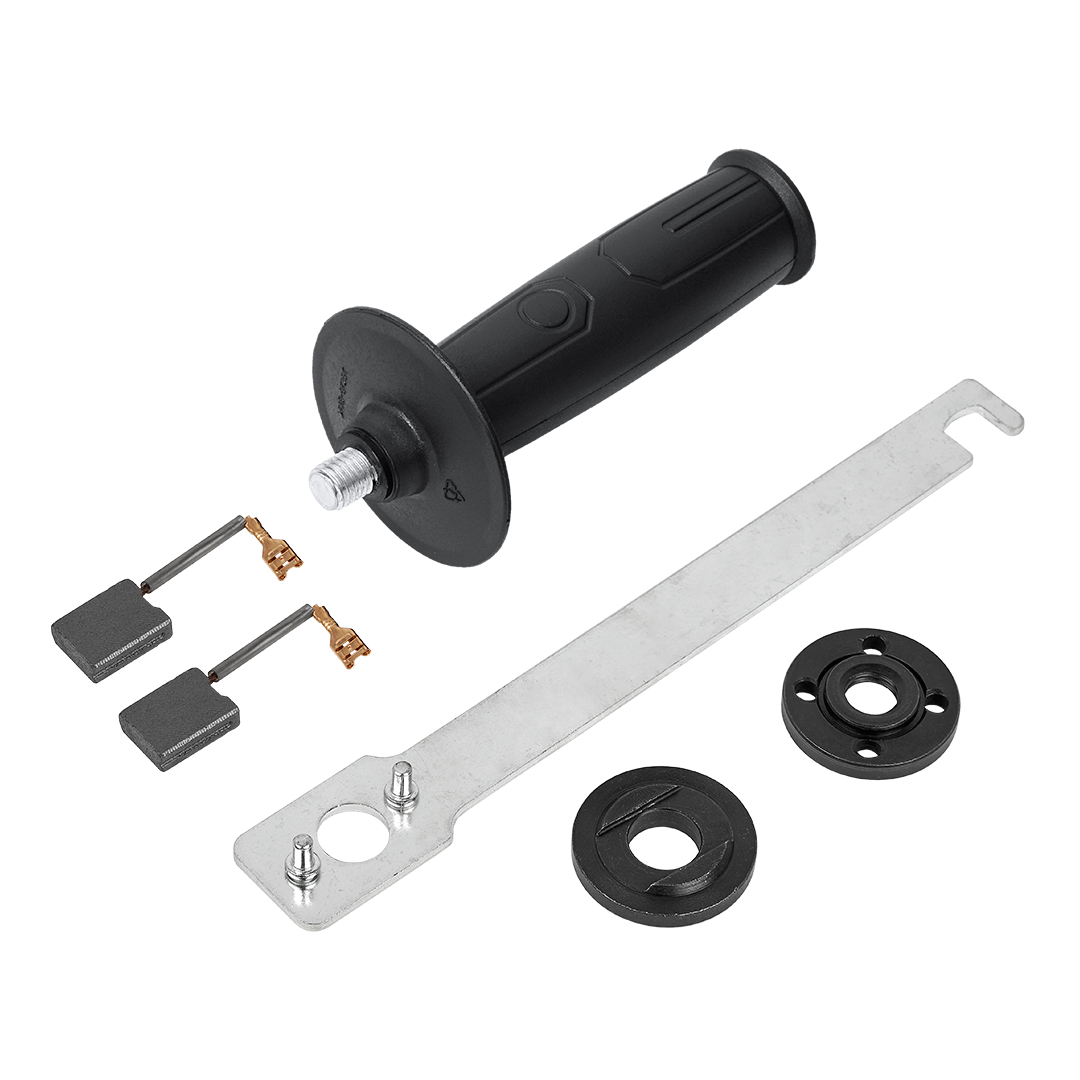 Różne czarne i srebrne części szlifierki ułożone na białym tle, w tym uchwyt i metalowe elementy.