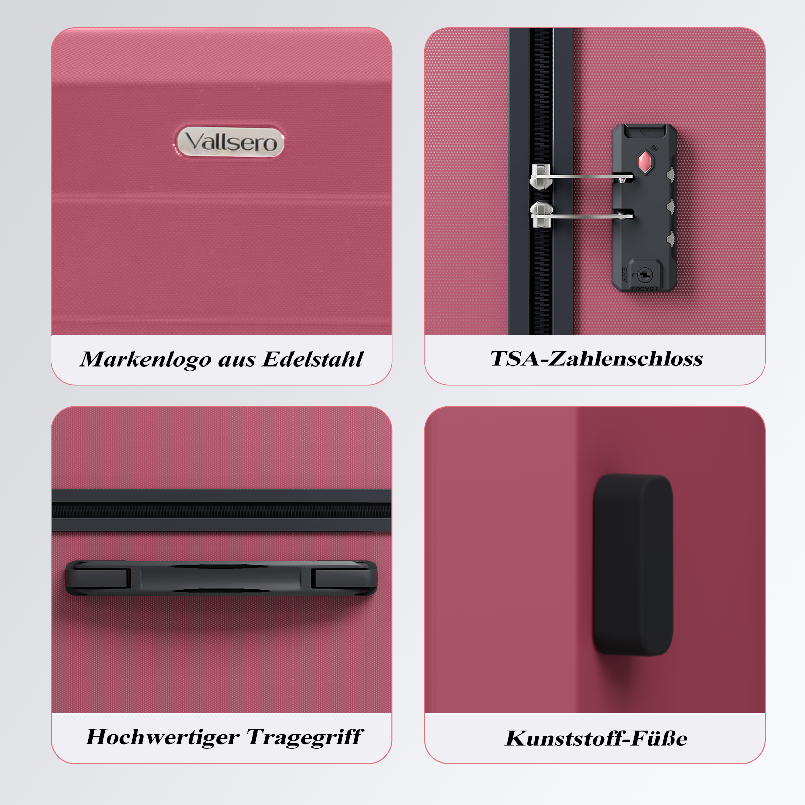 Nahaufnahme eines rosafarbenen Koffers mit Details: Logo, Schloss, Griff und Füße. Alles ist schwarz und metallisch. Strukturierte Oberfläche.