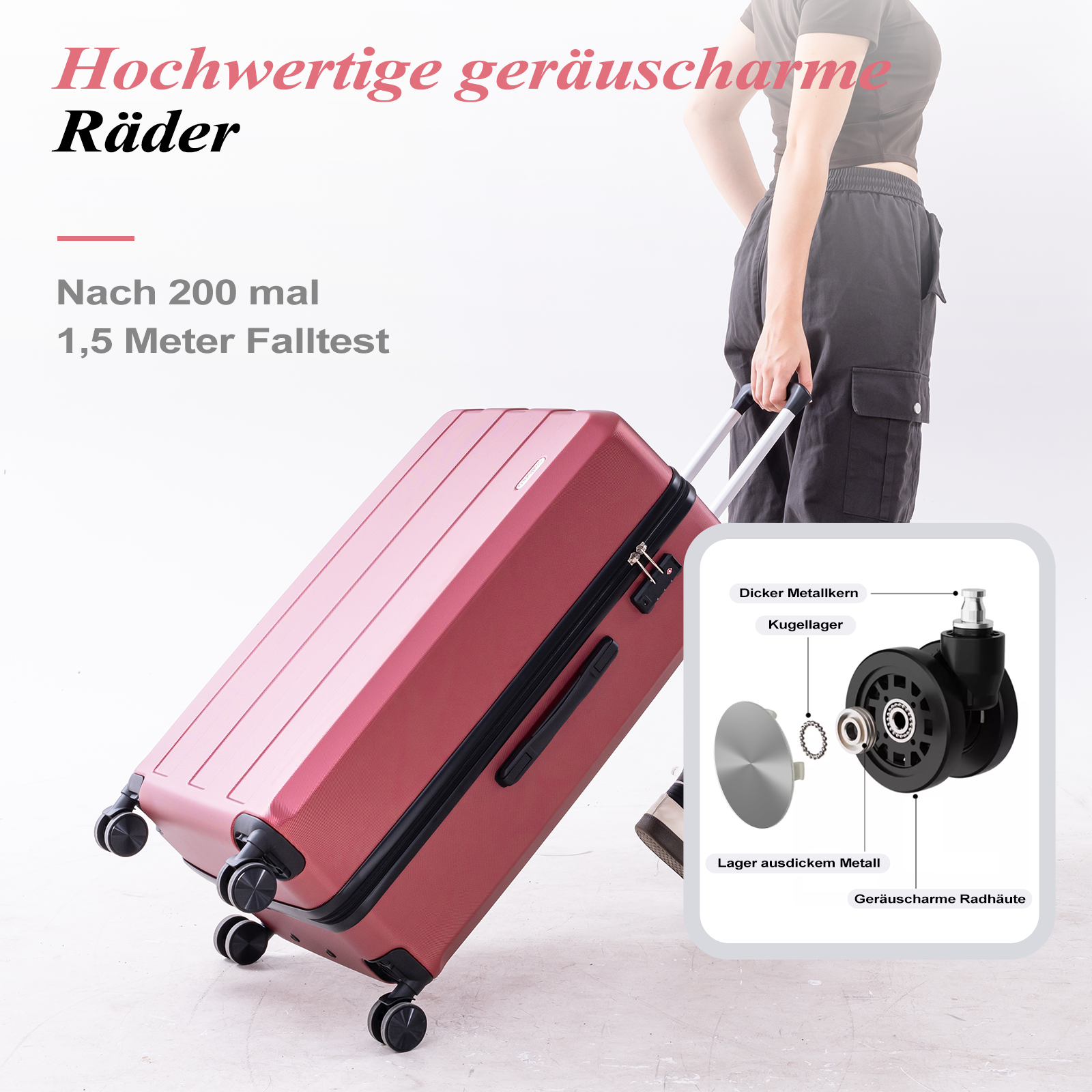 Ein roter Koffer mit schwarzen Rädern. Daneben steht eine Person. Oben steht 'Hochwertige, geräuscharme Räder'.