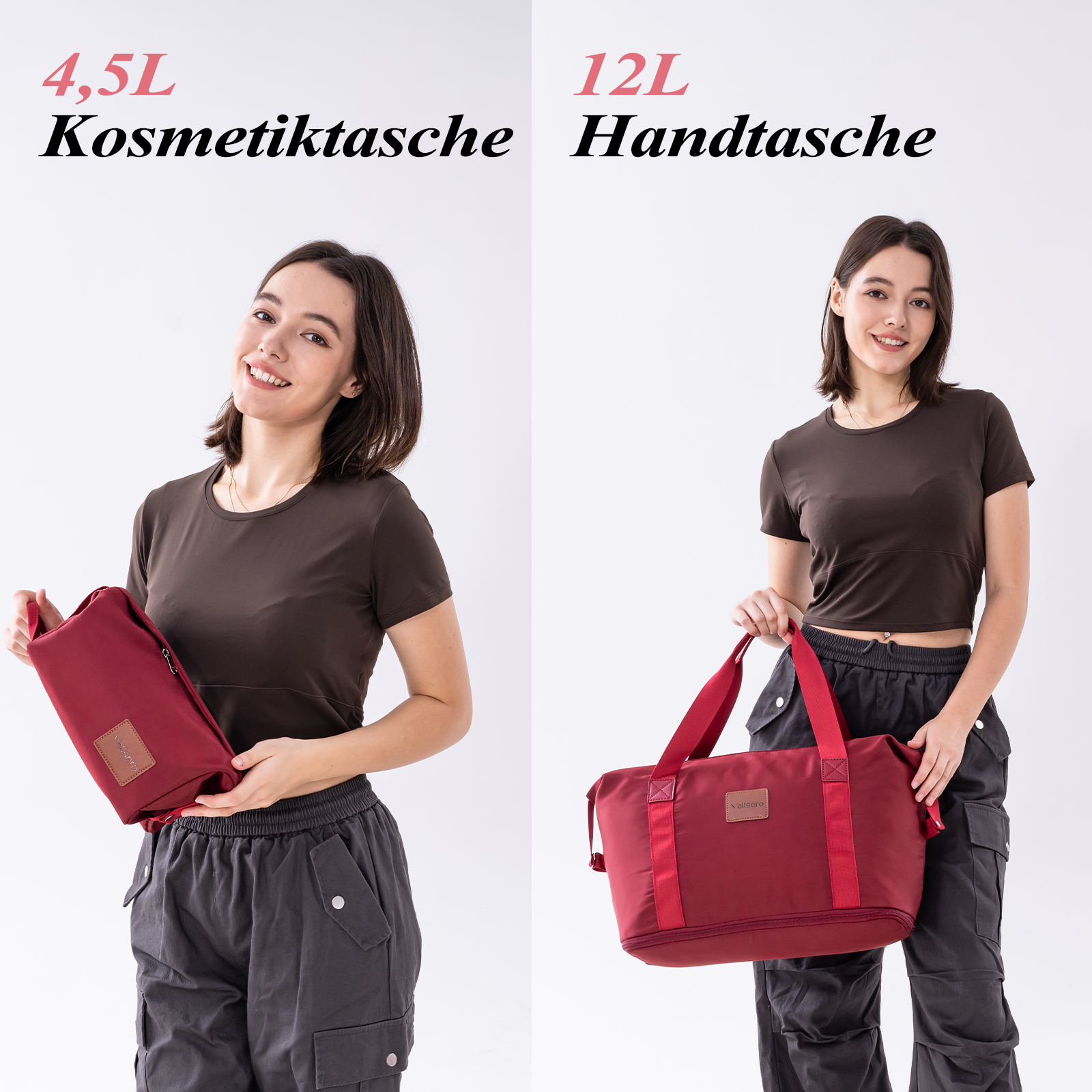 Dwie kobiety trzymają czerwone torby. Jedna ma małą torbę, druga dużą. Tekst w języku niemieckim powyżej.