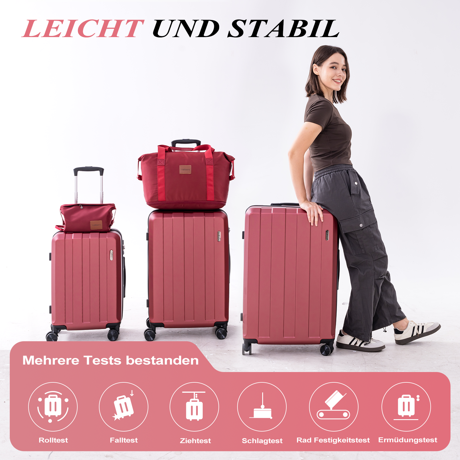 Eine Frau lehnt an einem roten Koffer, neben anderen Koffern und Taschen. Text lautet 'Leicht und Stabil'.
